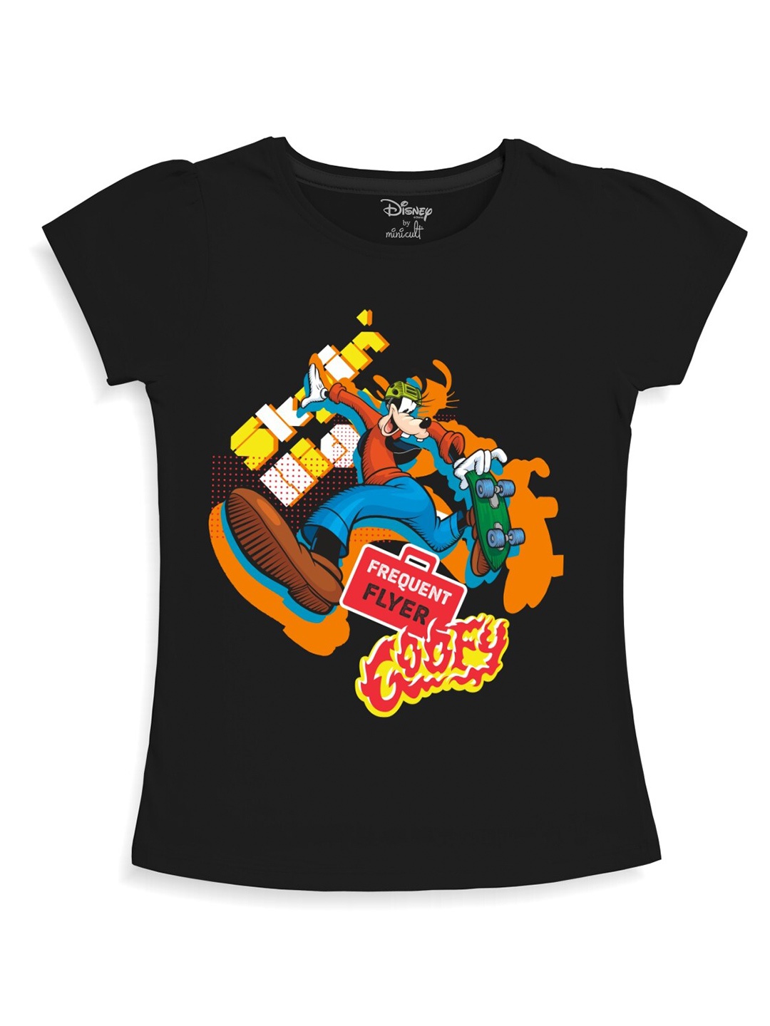 

Minicult Girls Goofy Graphic Printed Cotton T-shirt, Black