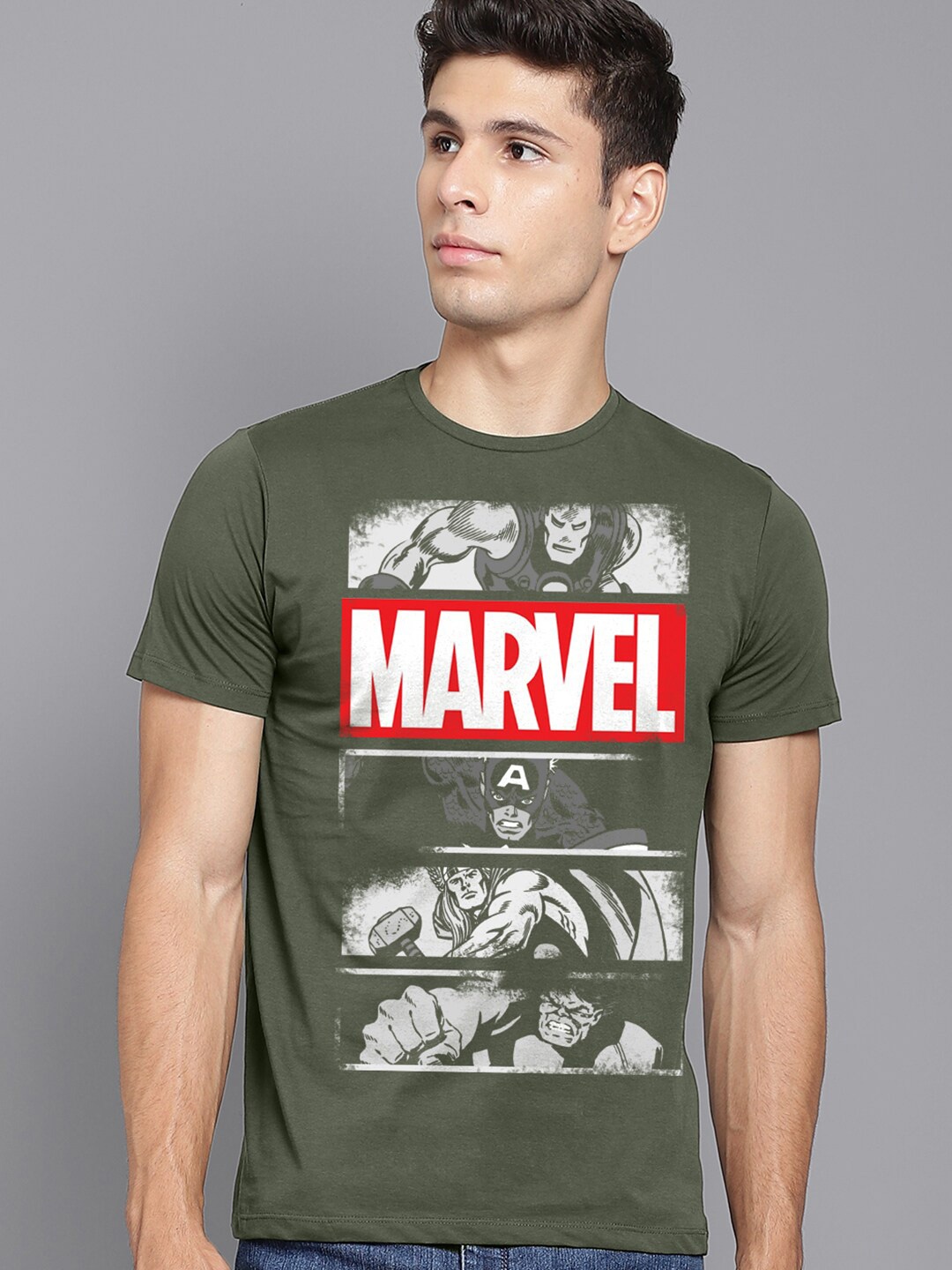 

Free Authority Men Marvel Comics Printed Pure Cotton T-shirt, Green