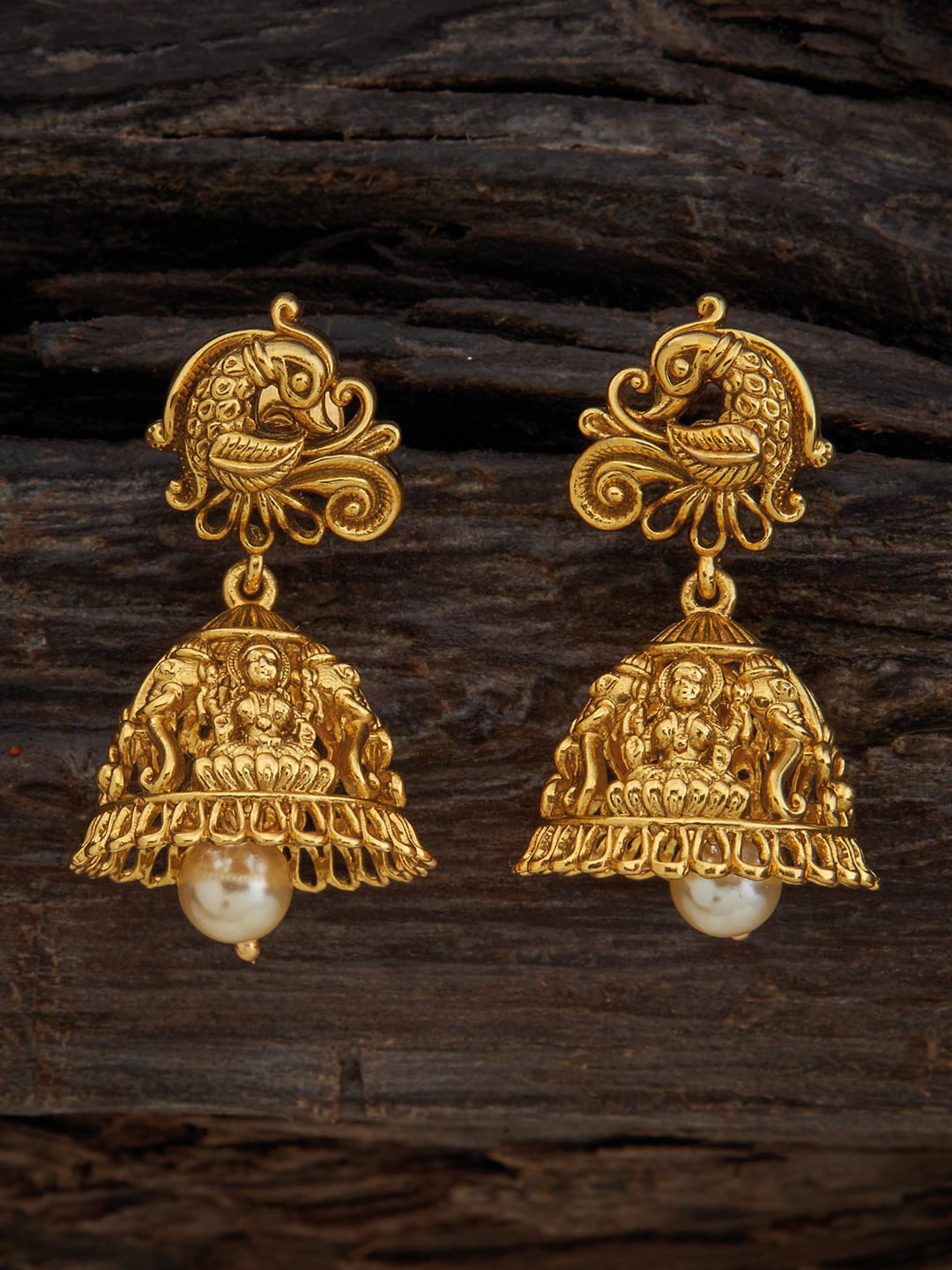 

Kushal's Fashion Jewellery Gold-Plated Dome Shaped & Peacock Designed Jhumkas