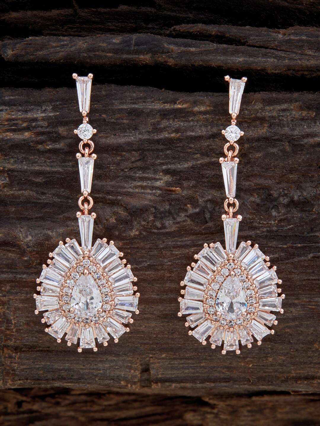 

Kushal's Fashion Jewellery Rose Gold-Plated Cubic Zirconia Studded Drop Earrings