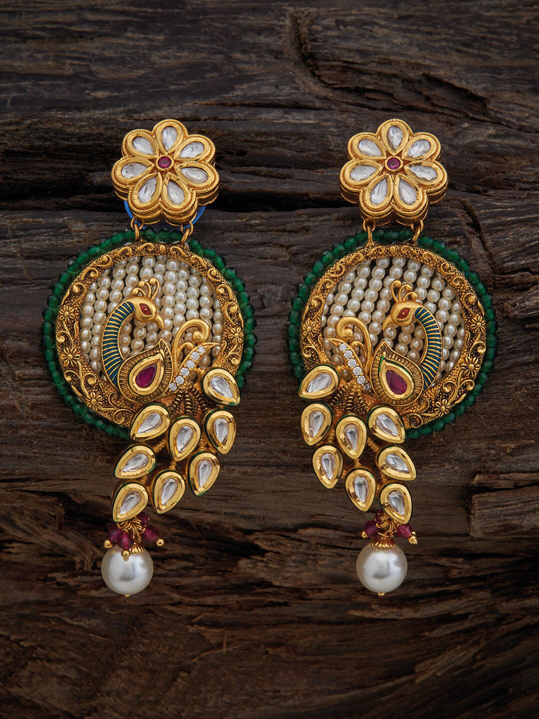 

Kushal's Fashion Jewellery Gold-Plated Kundan Studded Peacock Shaped Drop Earrings
