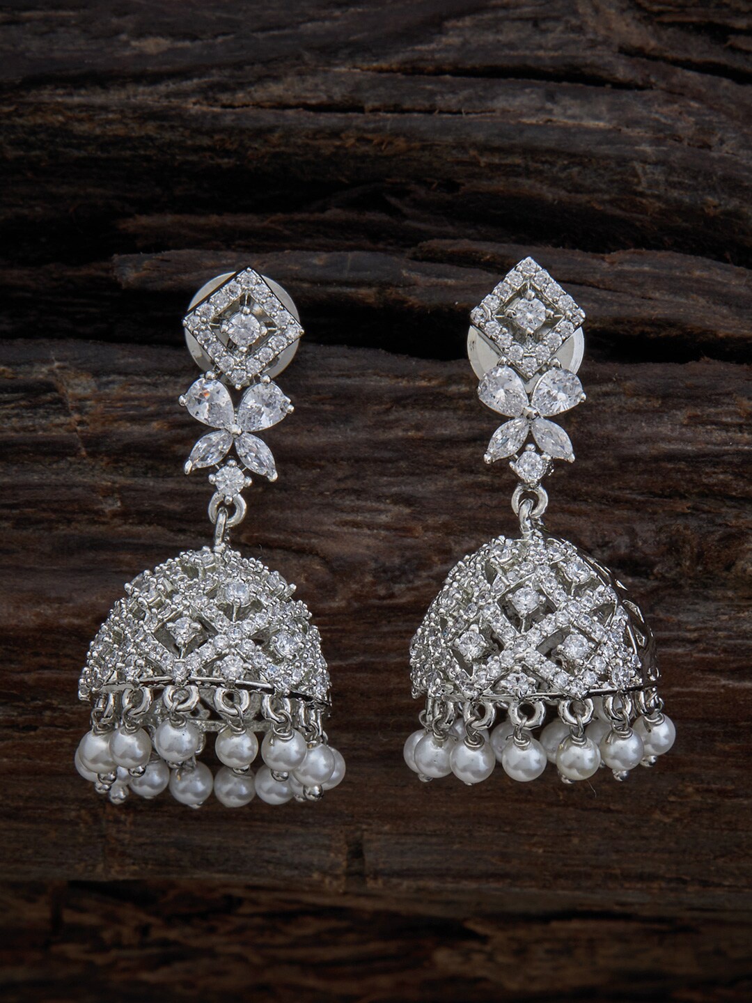 

Kushal's Fashion Jewellery Rhodium-Plated CZ-Studded Dome Shaped Jhumkas, Silver