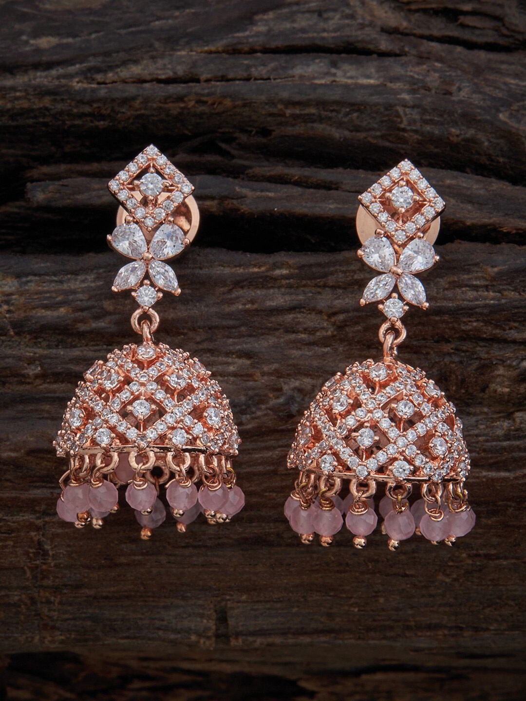 

Kushal's Fashion Jewellery Rose Gold-Plated Cubic Zirconia-Studded Jhumkas