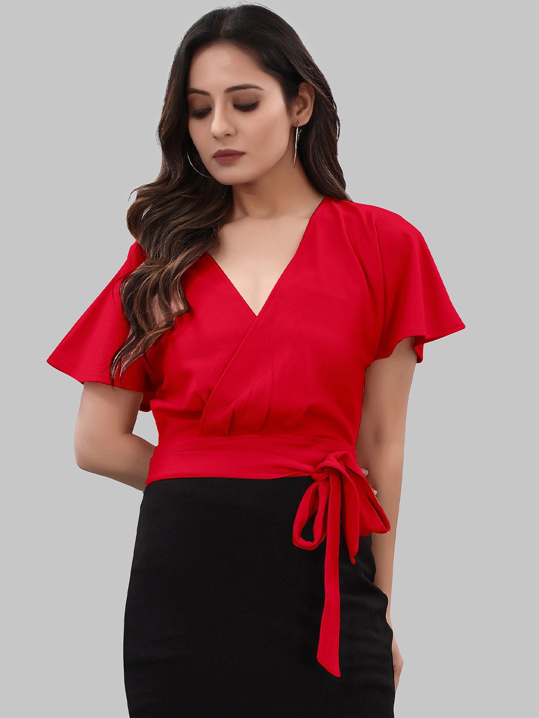 

LEE TEX Flared Sleeve Wrap Top, Red