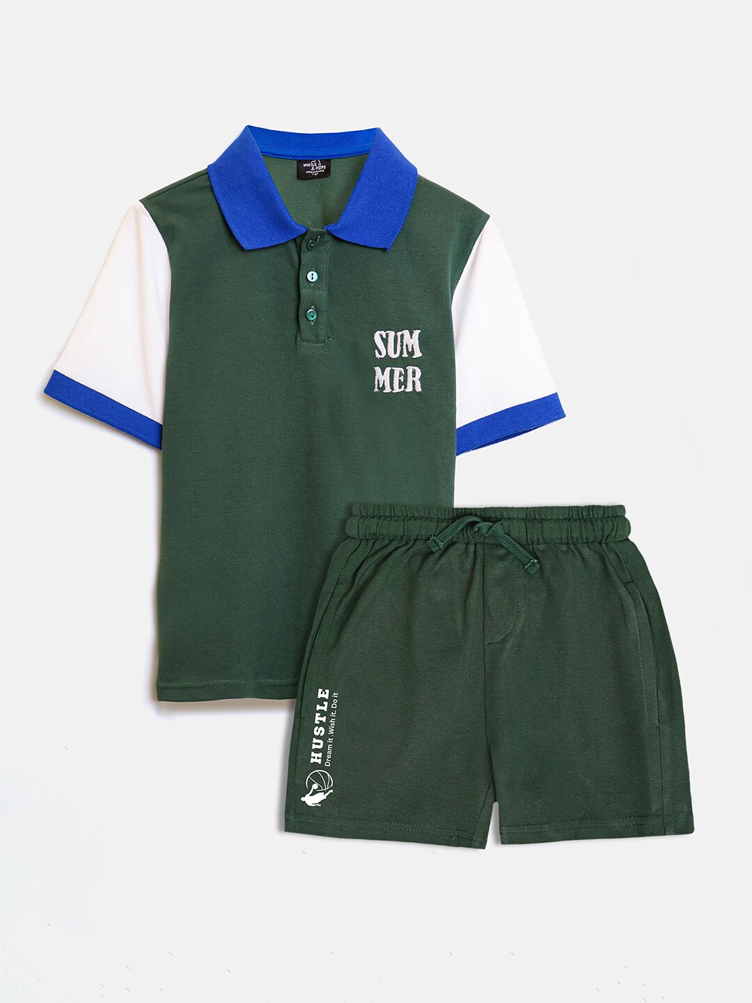 

Whistle & Hops Boys Shirt Collar Pure Cotton T-shirt with Shorts, Green