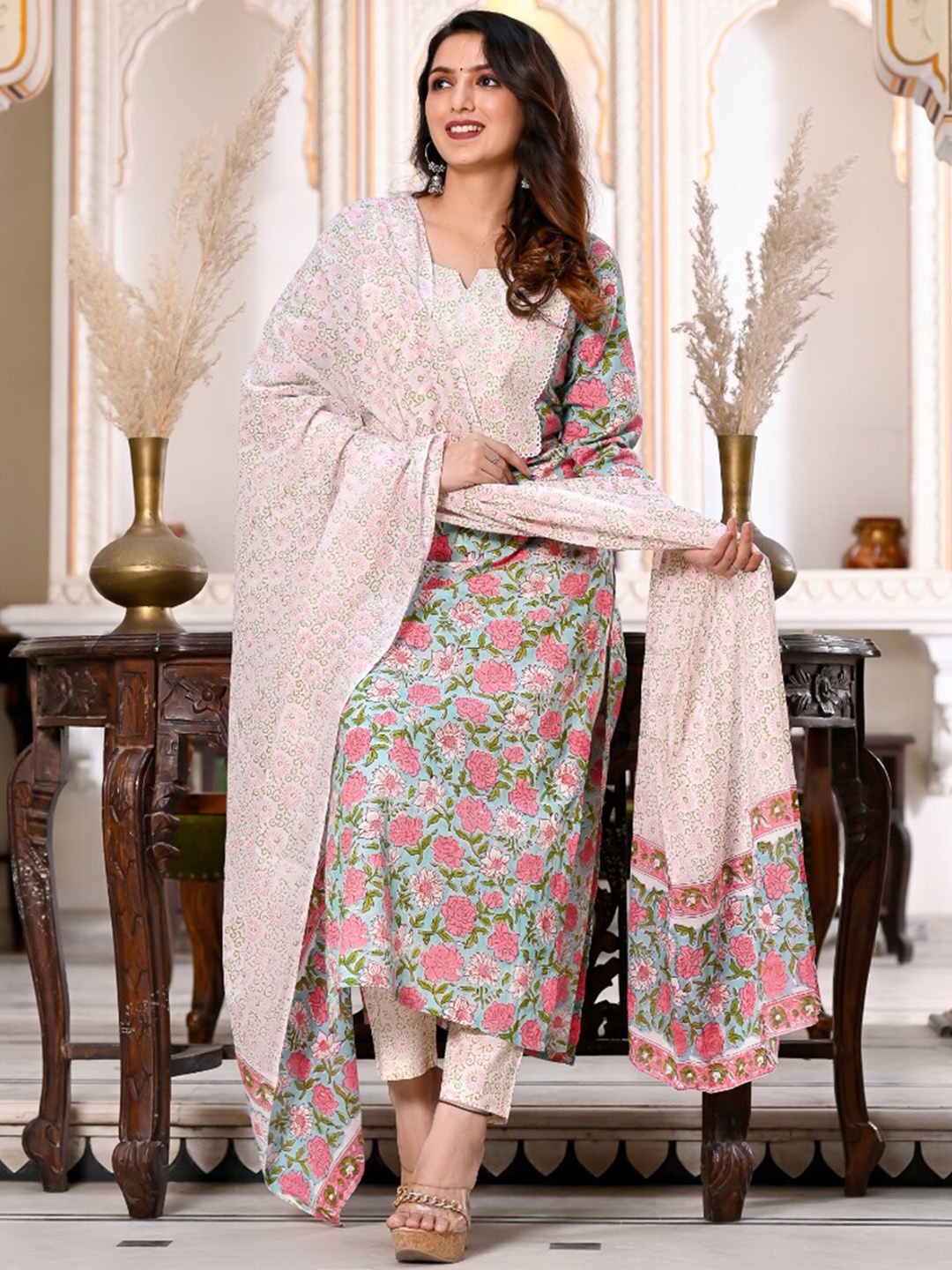 

KALINI Floral Printed Kurta With Trousers & Dupatta, Green