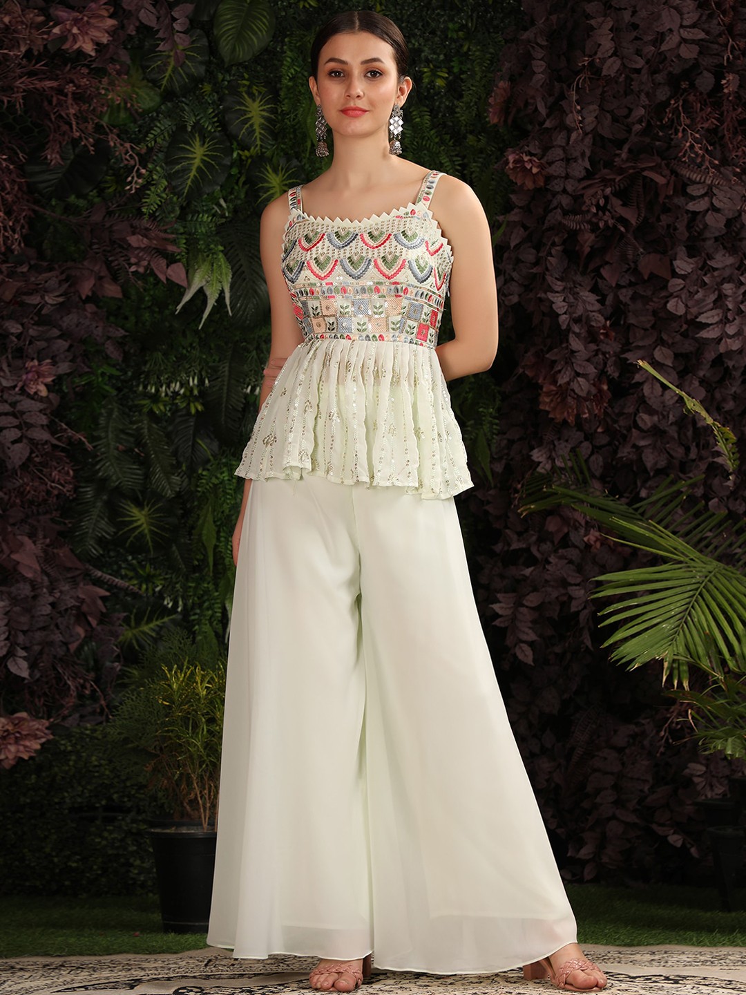 

KALINI Geometric Embroidered Kurti With Palazzos & Dupatta, Off white