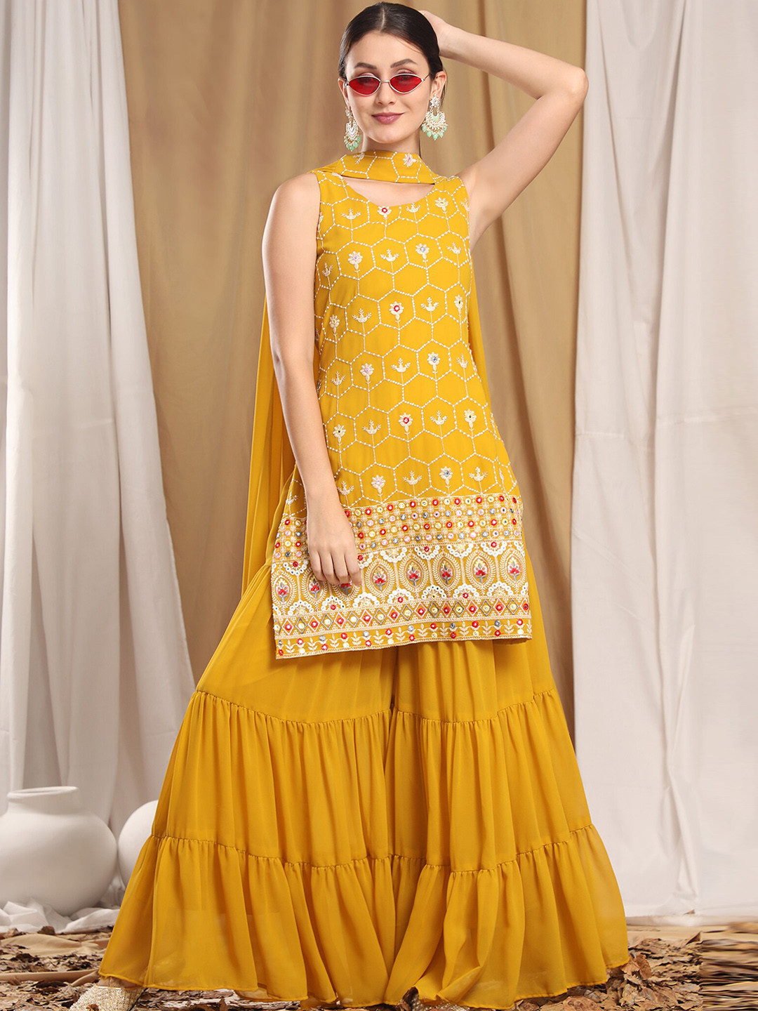 

KALINI Floral Embroidered Mirror Work Kurta With Sharara & Dupatta, Mustard
