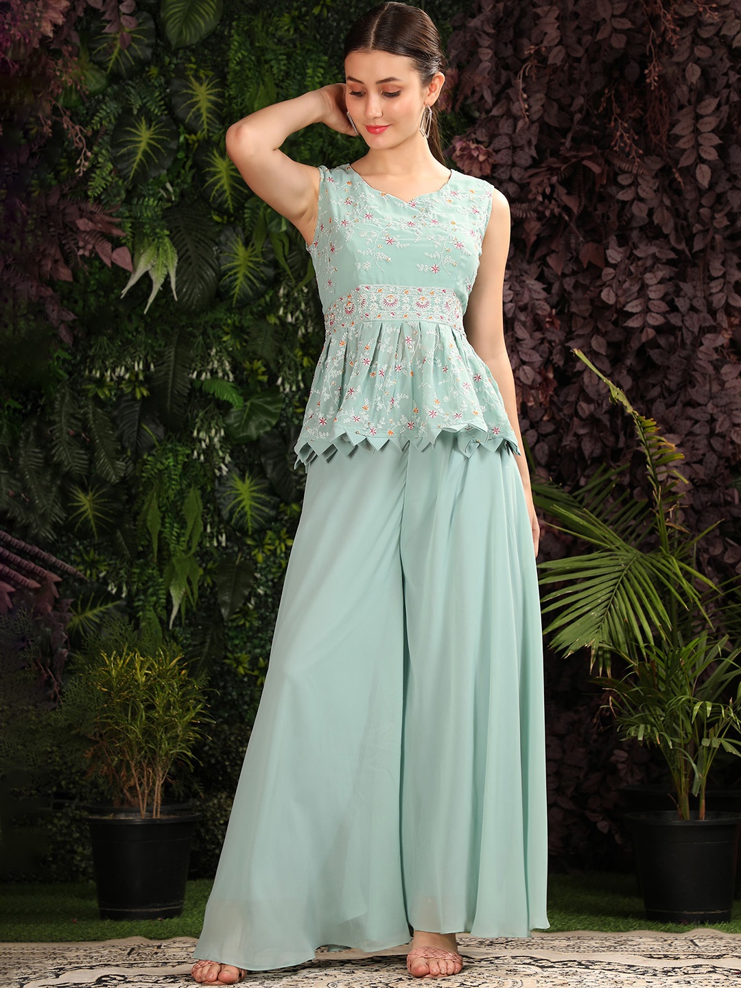 

KALINI Floral Embroidered Georgette Pleated Kurti With Palazzos & Dupatta, Blue