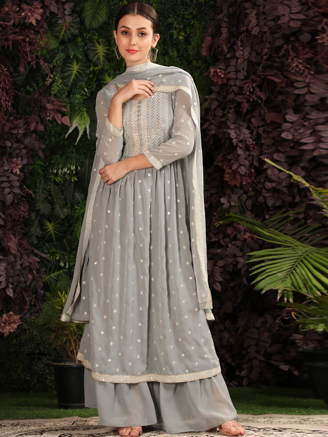 

KALINI Floral Chikankari Embroidered Pleated Kurta With Sharara & Dupatta, Grey