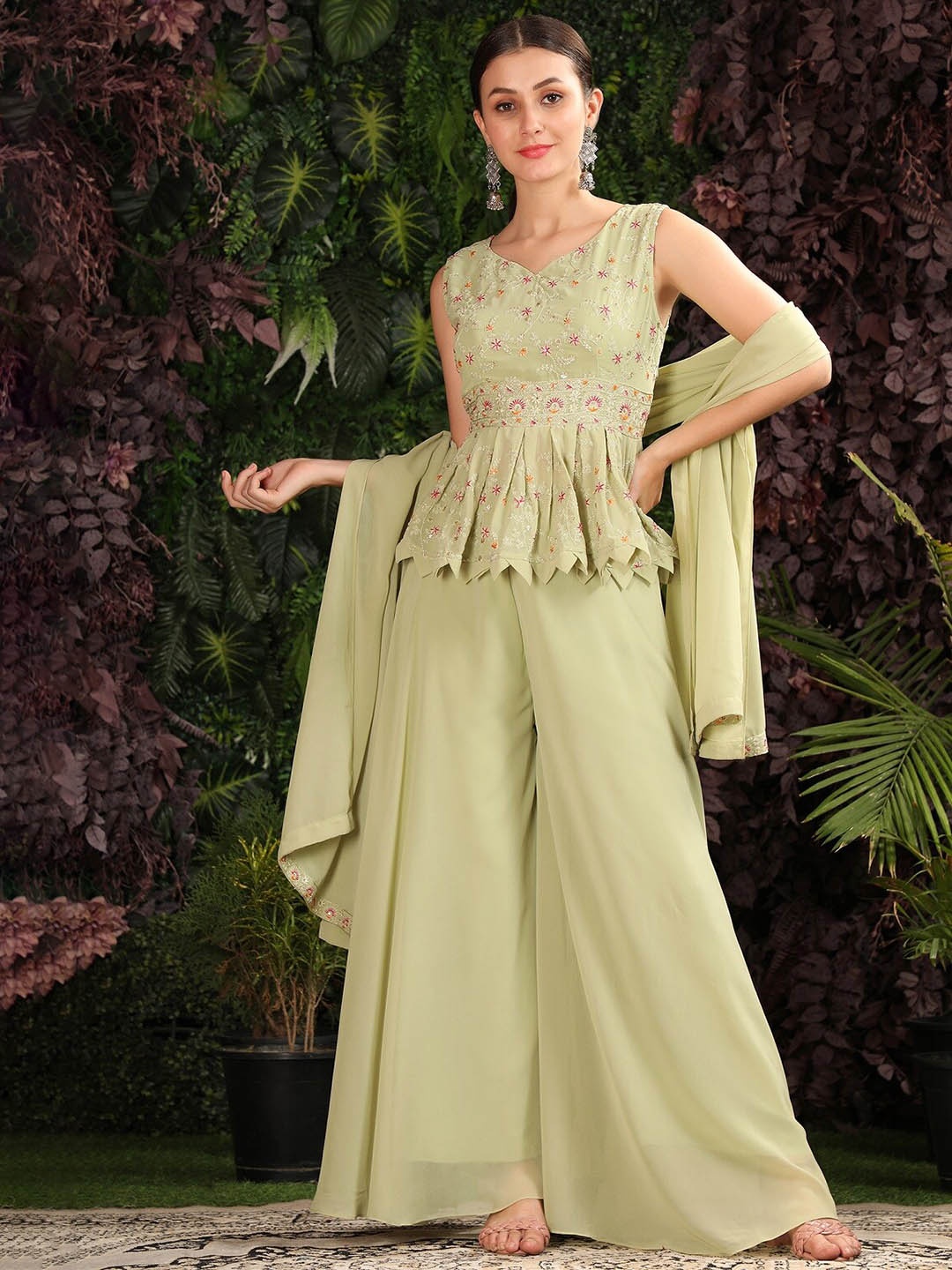 

KALINI Floral Embroidered Top With Palazzos & Dupatta, Green