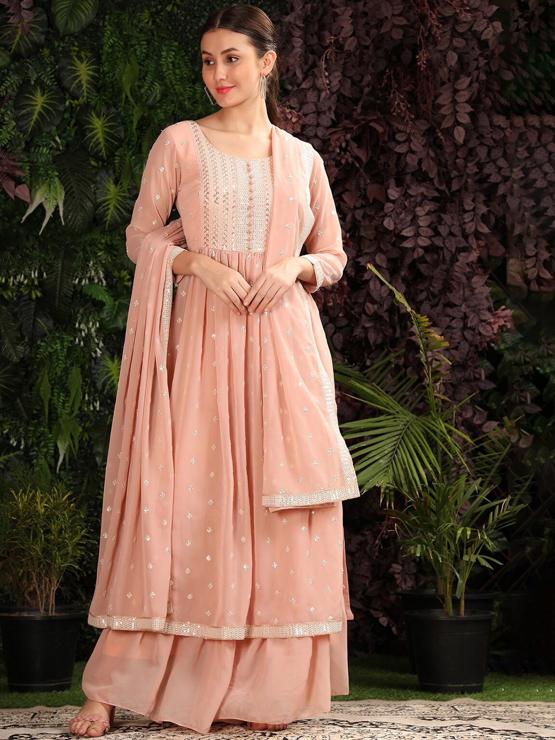 

KALINI Ethnic Motif Sequin Embroidered A-line Kurta With Sharara & Dupatta, Peach