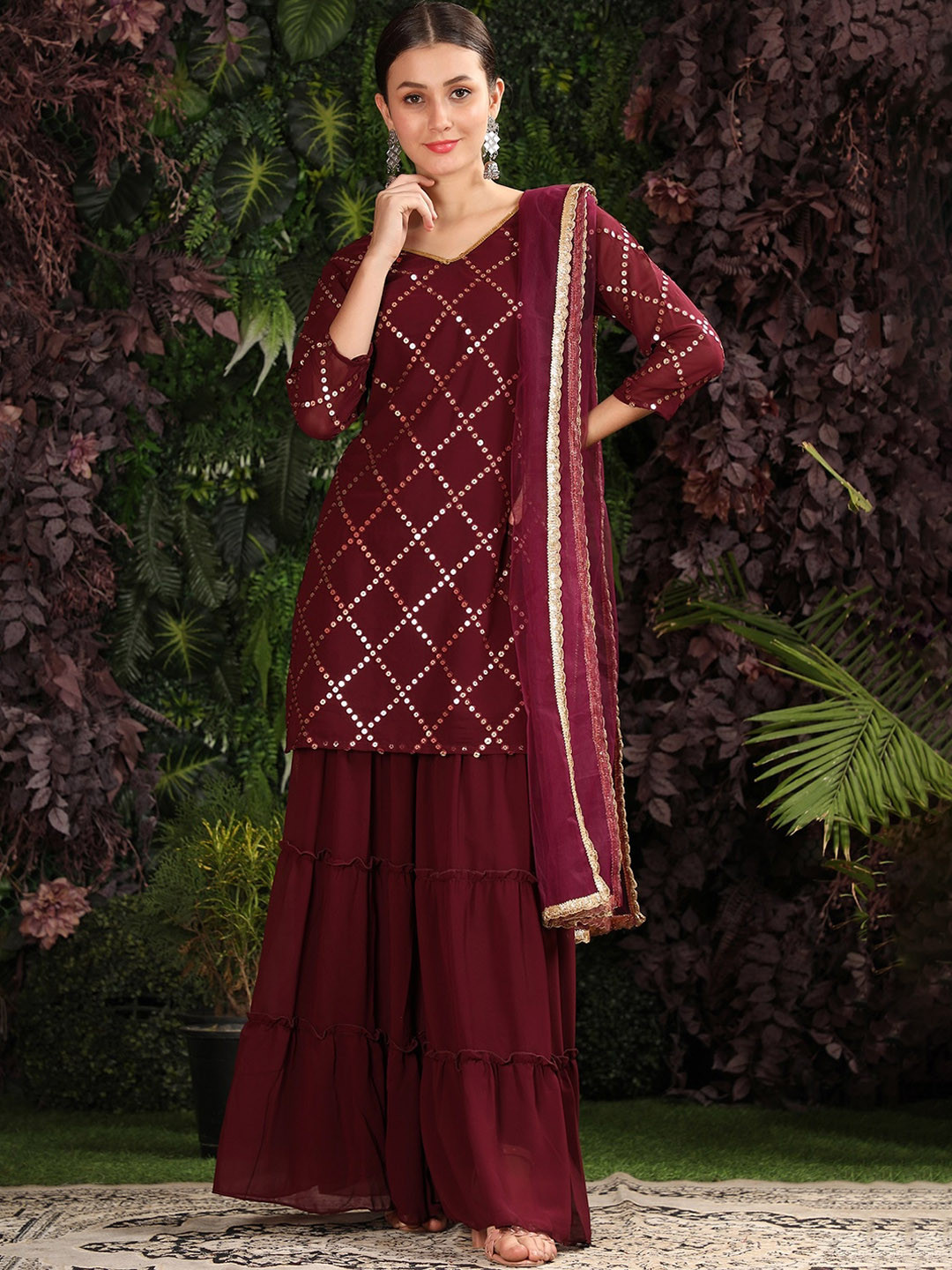 

KALINI Embroidered Regular Sequinned Kurta with Sharara & With Dupatta, Maroon