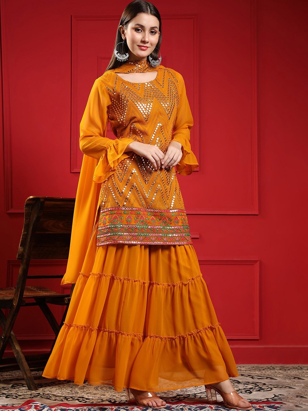

KALINI Ethnic Motif Mirror Work Embroidered A-line Kurta With Sharara & Dupatta, Mustard