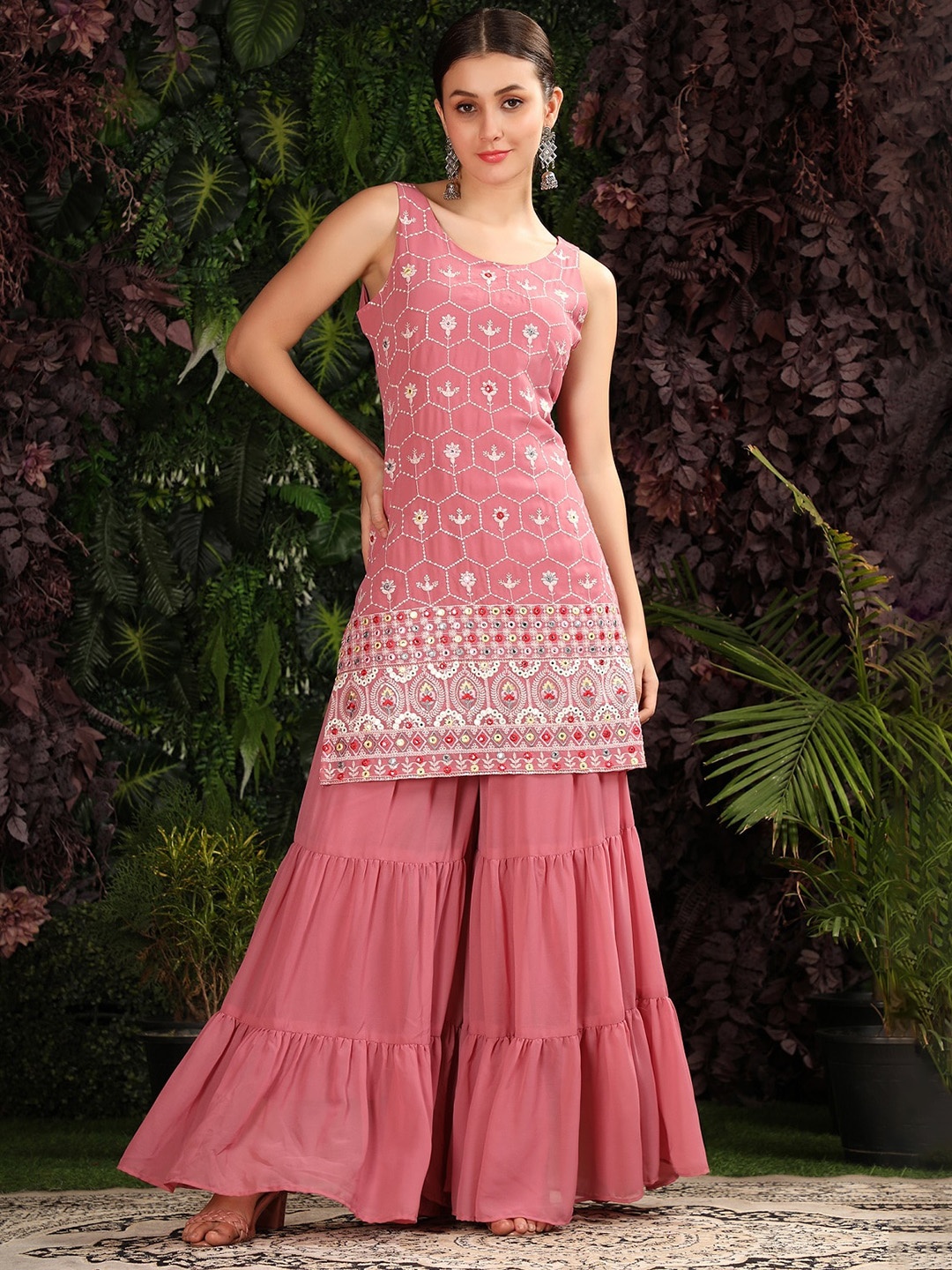 

KALINI Ethnic Motifs Embroidered Kurta With Sharara & Dupatta, Pink
