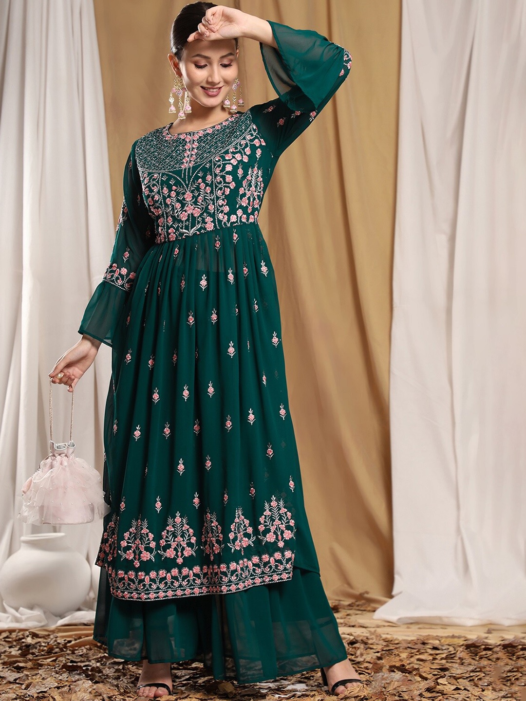 

KALINI Ethnic Motifs Embroidered Regular Kurta With Sharara, Green