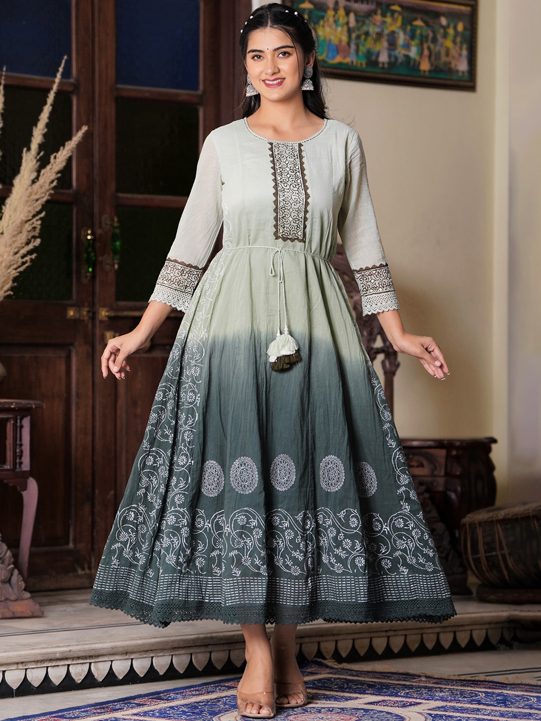 

PREKSHA Ethnic Motifs Block Printed Pleated A-Line Ethnic Dress, Green