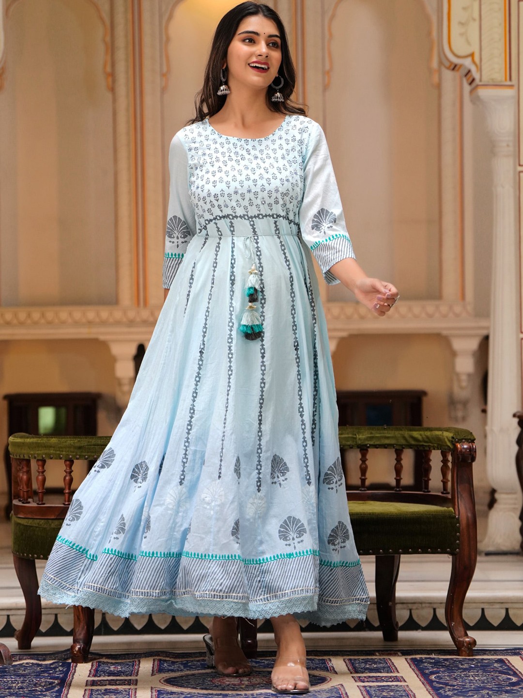 

PREKSHA Women Floral Printed Pastels Pure Cotton Anarkali Kurta, Turquoise blue