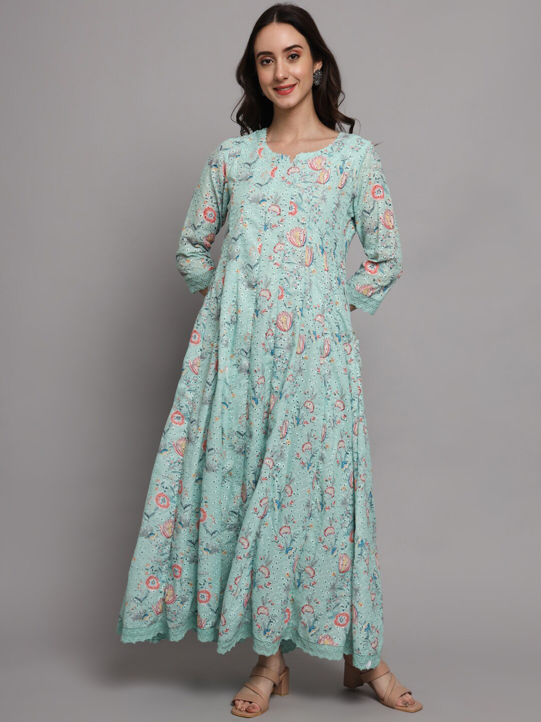 

PREKSHA Women Floral Printed Cotton Pastels Anarkali Kurta, Green