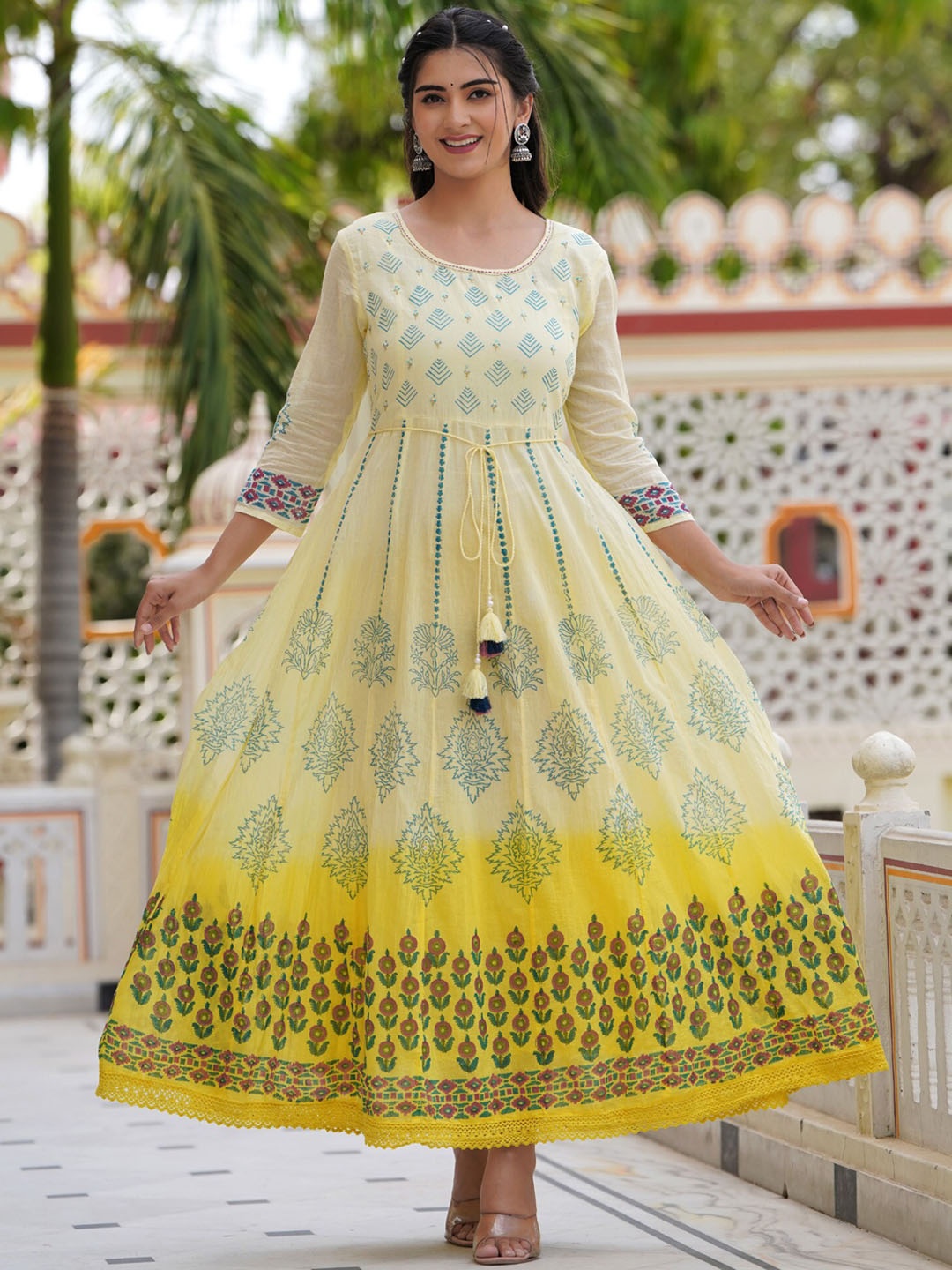 

PREKSHA Women Floral Printed Block Print Cotton Pastels Anarkali Kurta, Yellow