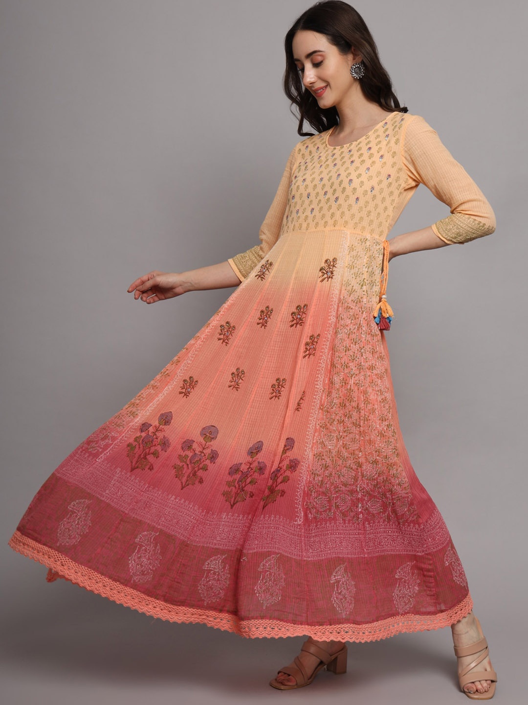 

PREKSHA Floral Printed Round Neck Cotton A-Line Ethnic Dress, Peach