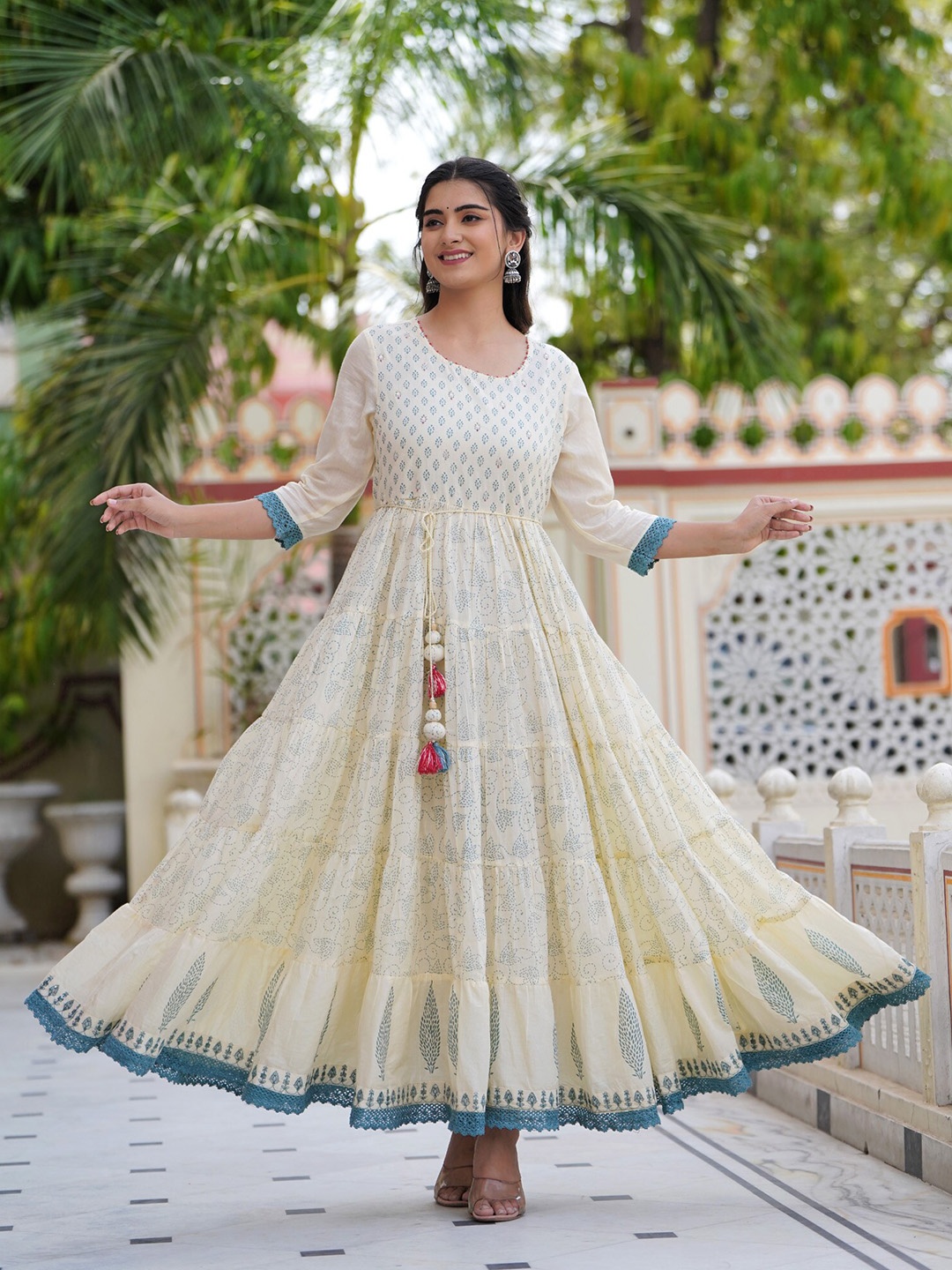 

PREKSHA Women Floral Printed Block Print Cotton Pastels Anarkali Kurta, Cream