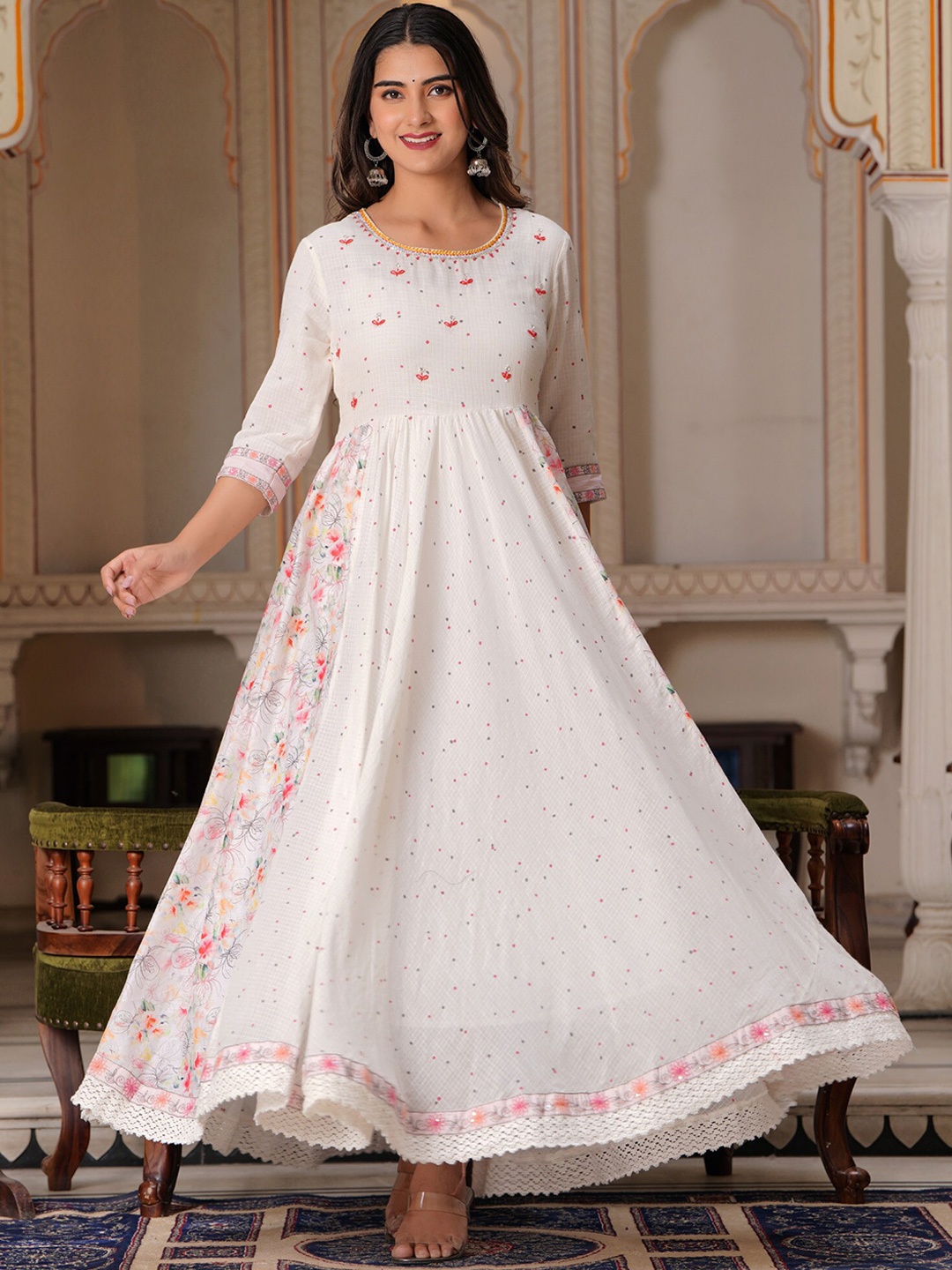 

PREKSHA Floral Printed Pleated A-Line Ethnic Dress, White