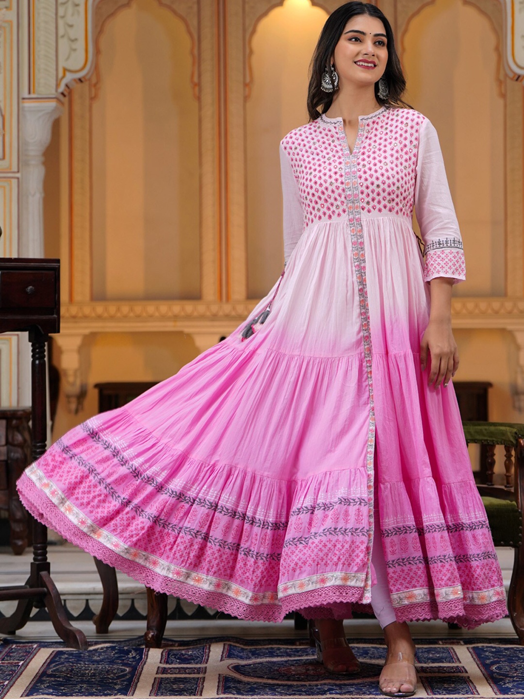 

PREKSHA Women Yoke Design Floral Printed Block Print Pastels Cotton Anarkali Kurta, Pink