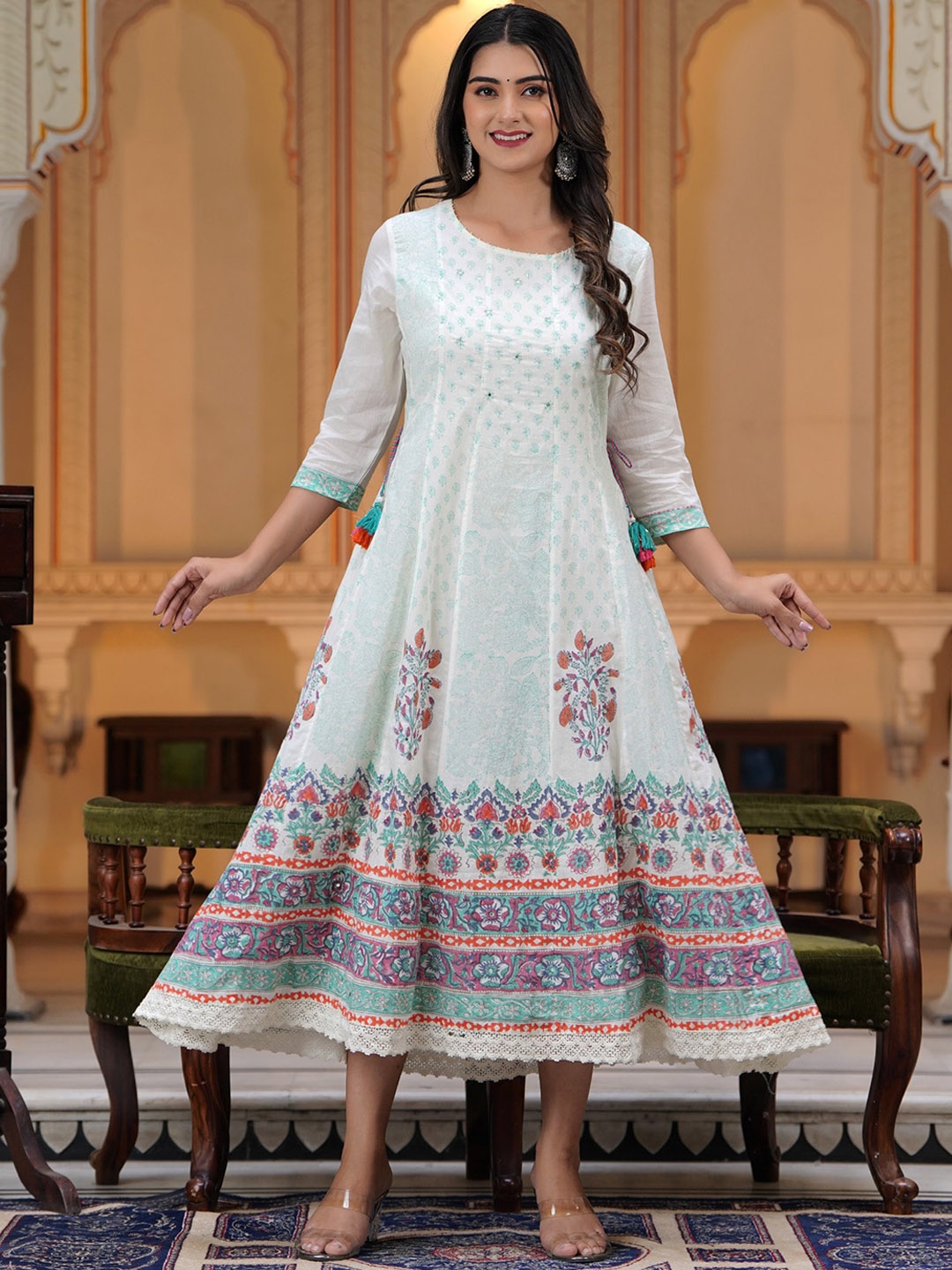 

PREKSHA Ethnic Motifs Printed Fit & Flare Cotton Ethnic Dress, White