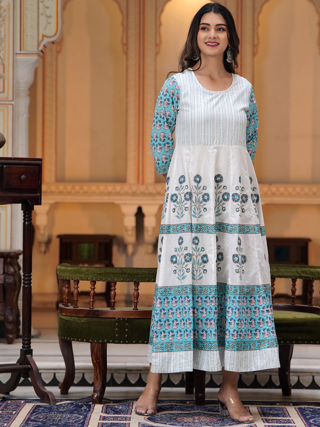 

PREKSHA Women Floral Printed Pastels Cotton Anarkali Kurta, Blue