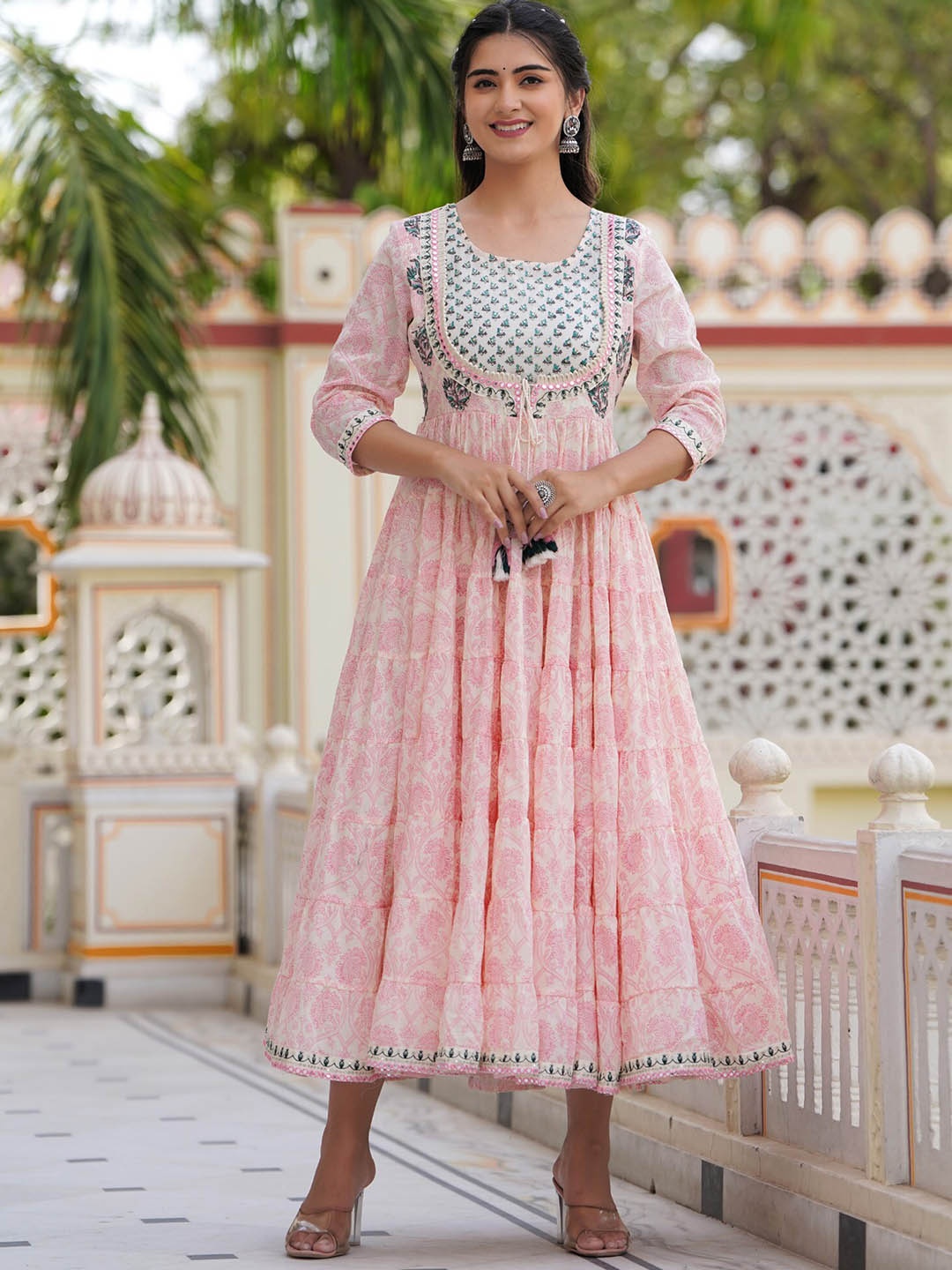 

PREKSHA Floral Printed Round Neck Cotton Fit and Flare Ethnic Dress, Peach