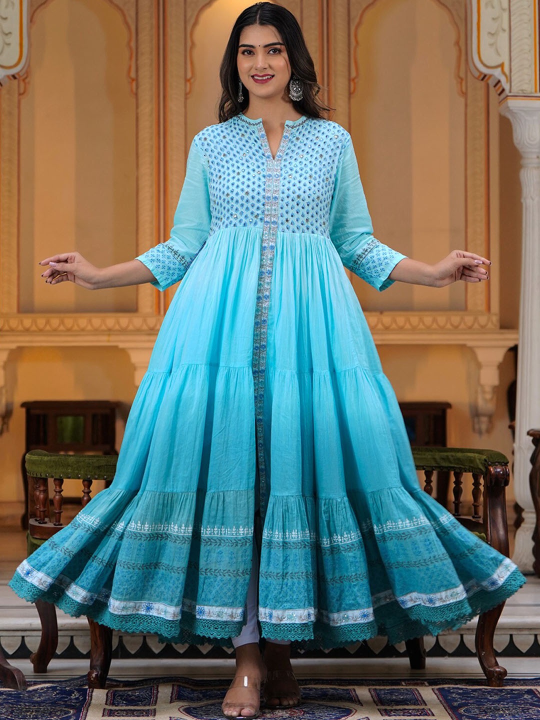 

PREKSHA Block Printed Tiered Cotton Anarkali Kurta, Blue