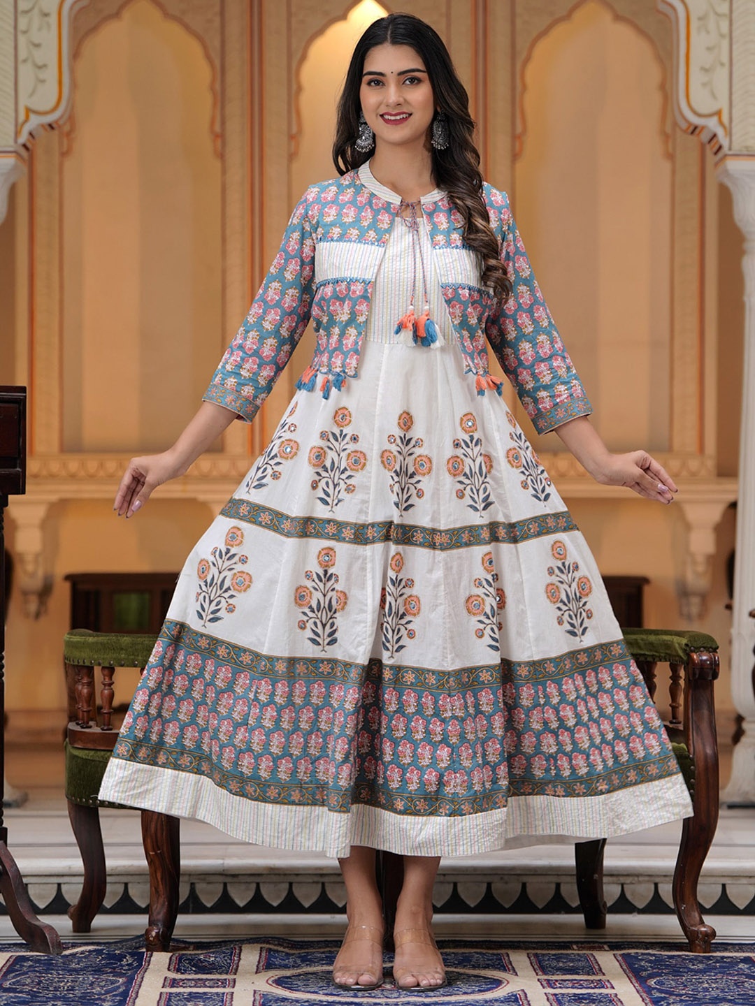 

PREKSHA Floral Printed Panelled Cotton A-Line Ethnic Dress, White
