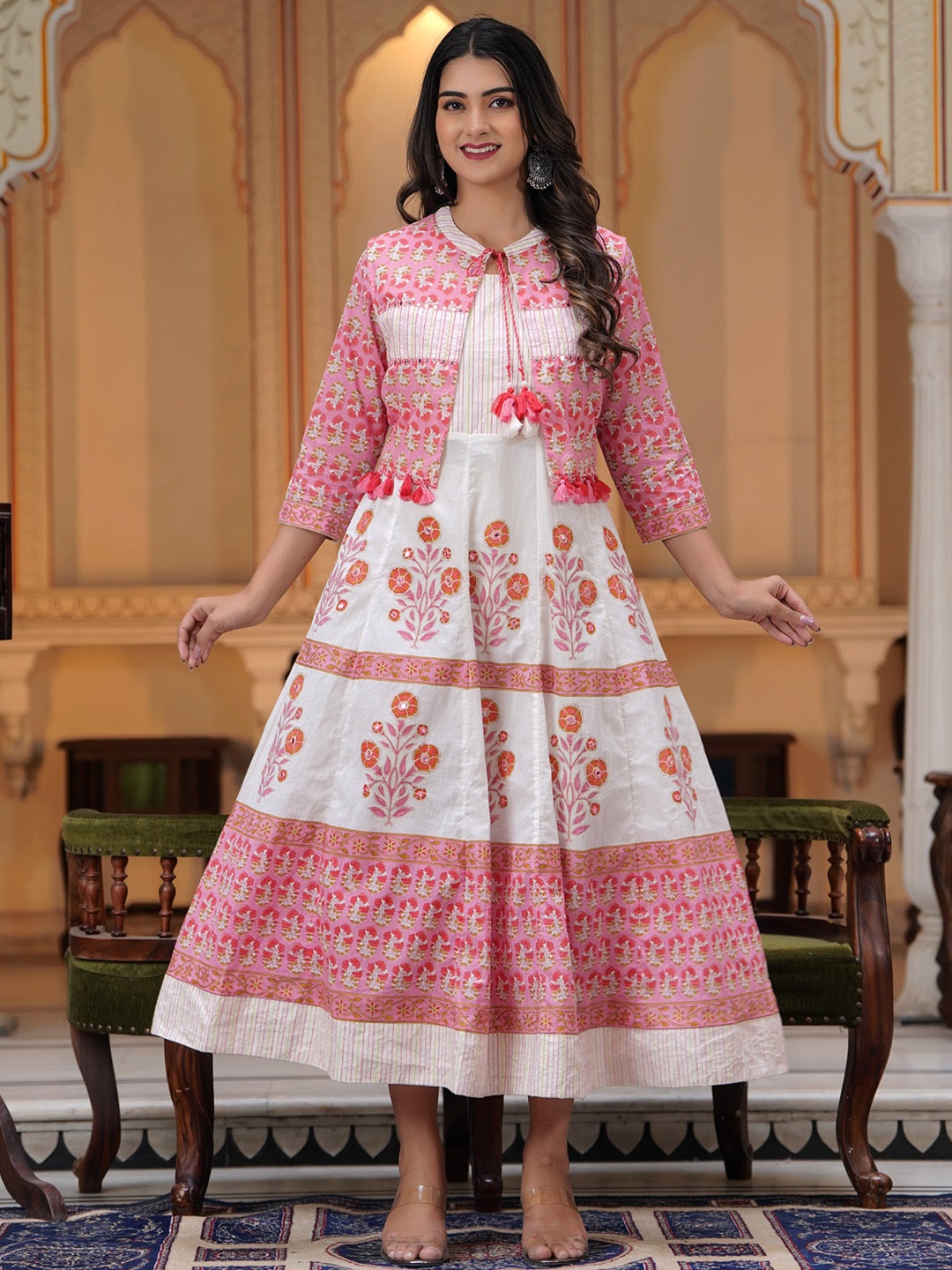 

PREKSHA Floral Printed Panelled Cotton A-Line Ethnic Dress, White
