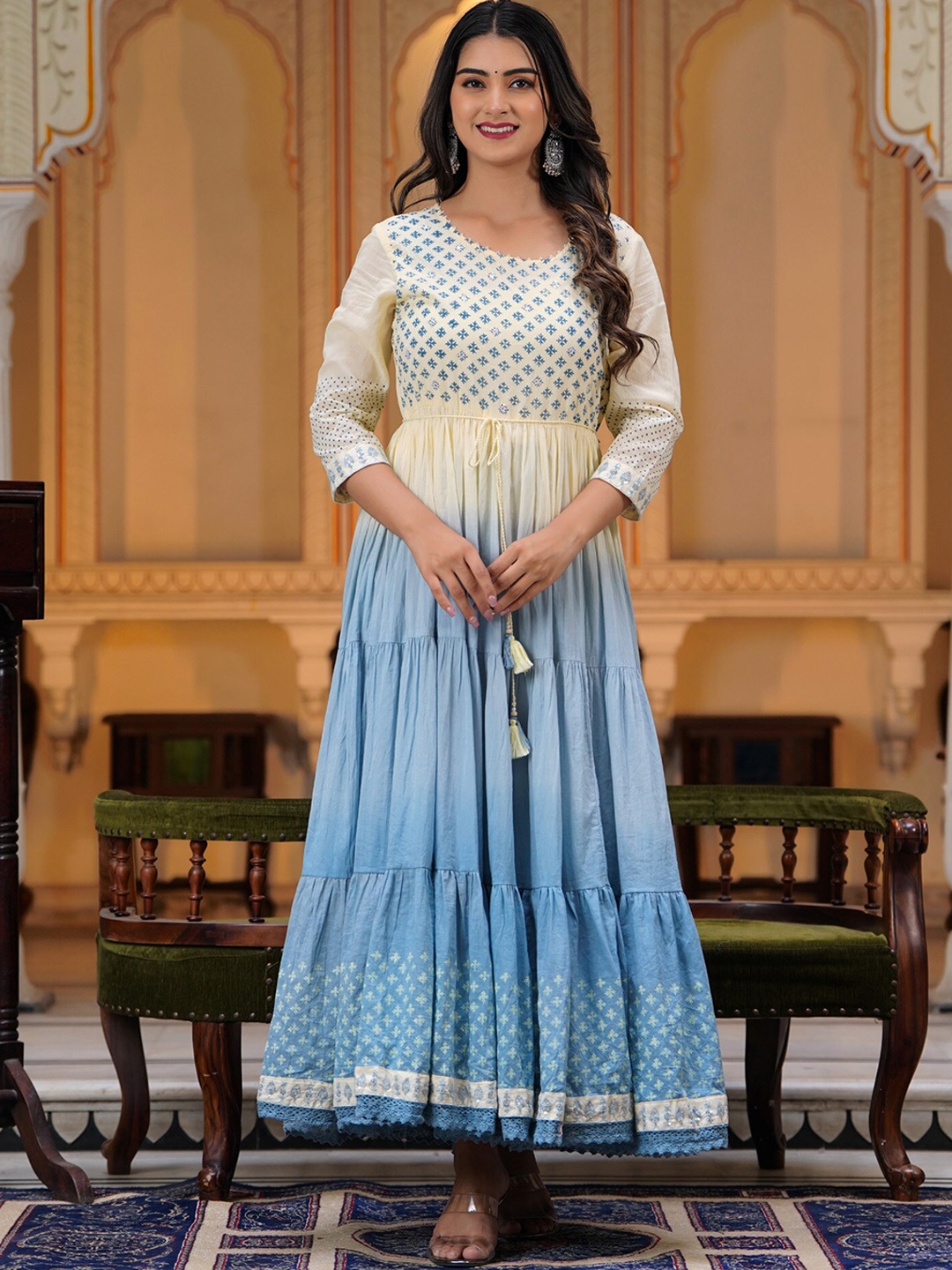 

PREKSHA Ethnic Motifs Printed Cotton Fit & Flare Ethnic Dress, Blue