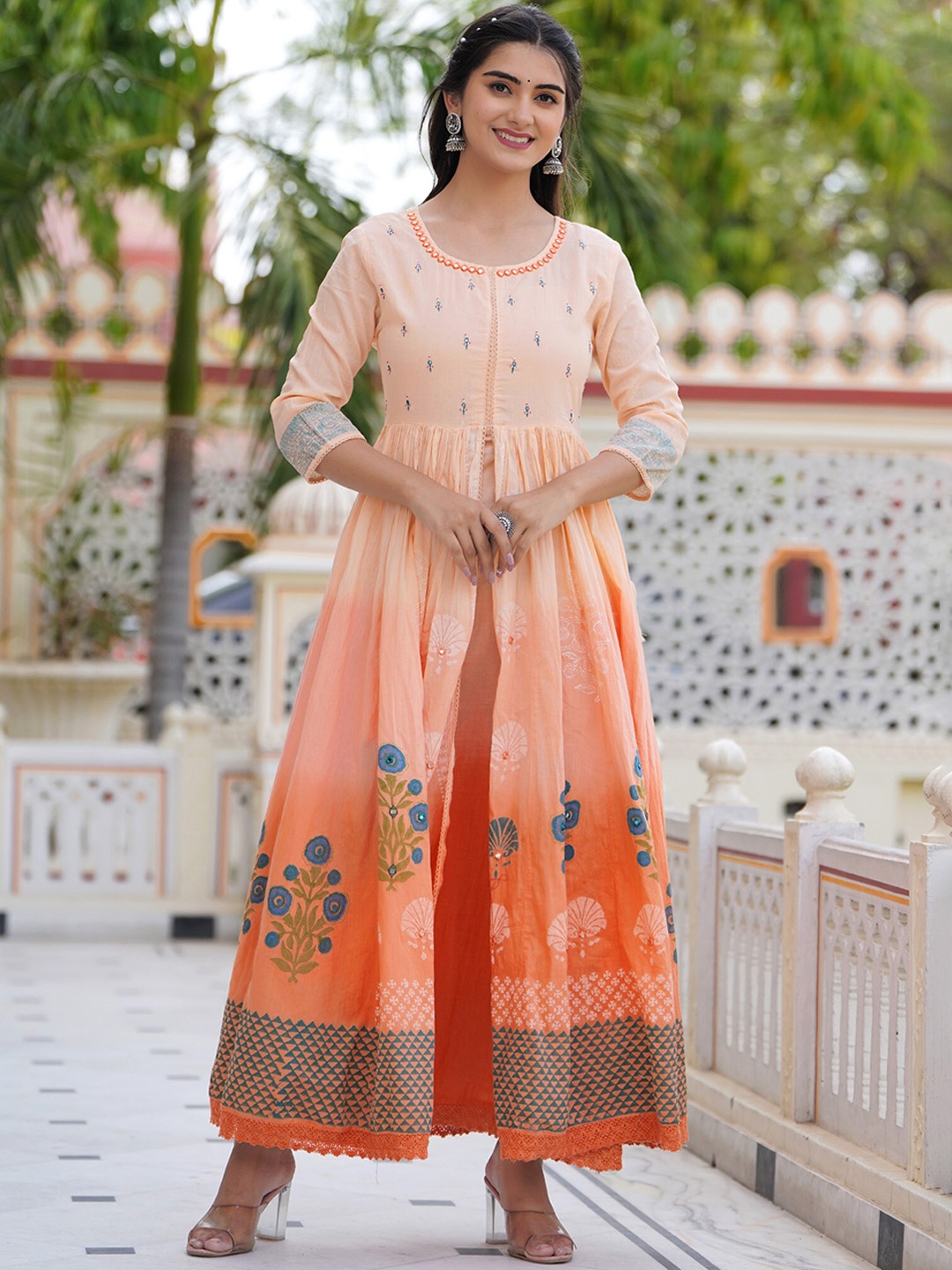 

PREKSHA Floral Printed Cotton Fit & Flare Ethnic Dress, Orange