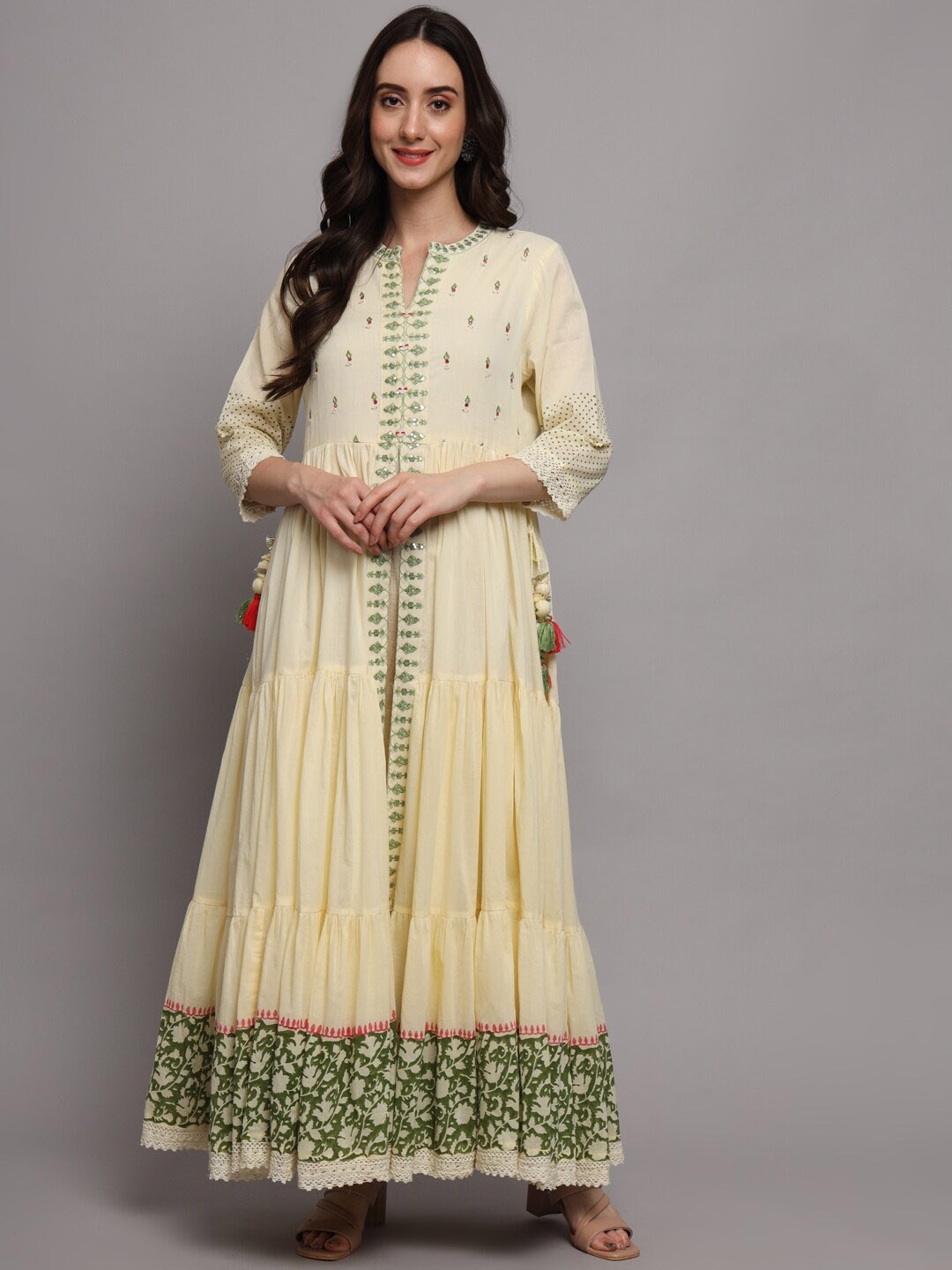 

PREKSHA Floral Printed Cotton Fit & Flare Ethnic Dress, Cream