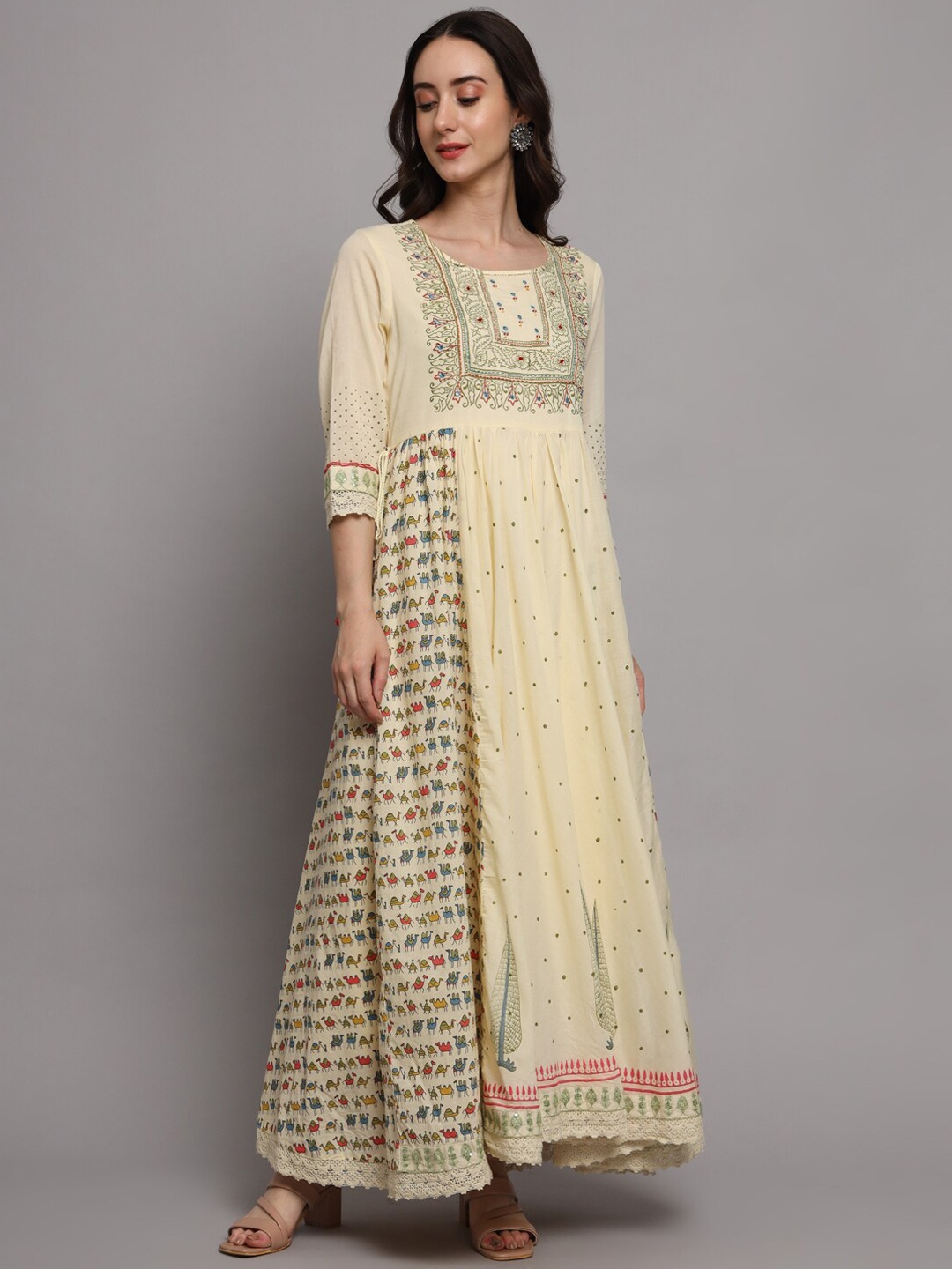 

PREKSHA Floral Printed Fit & Flare Cotton Ethnic Dress, Cream