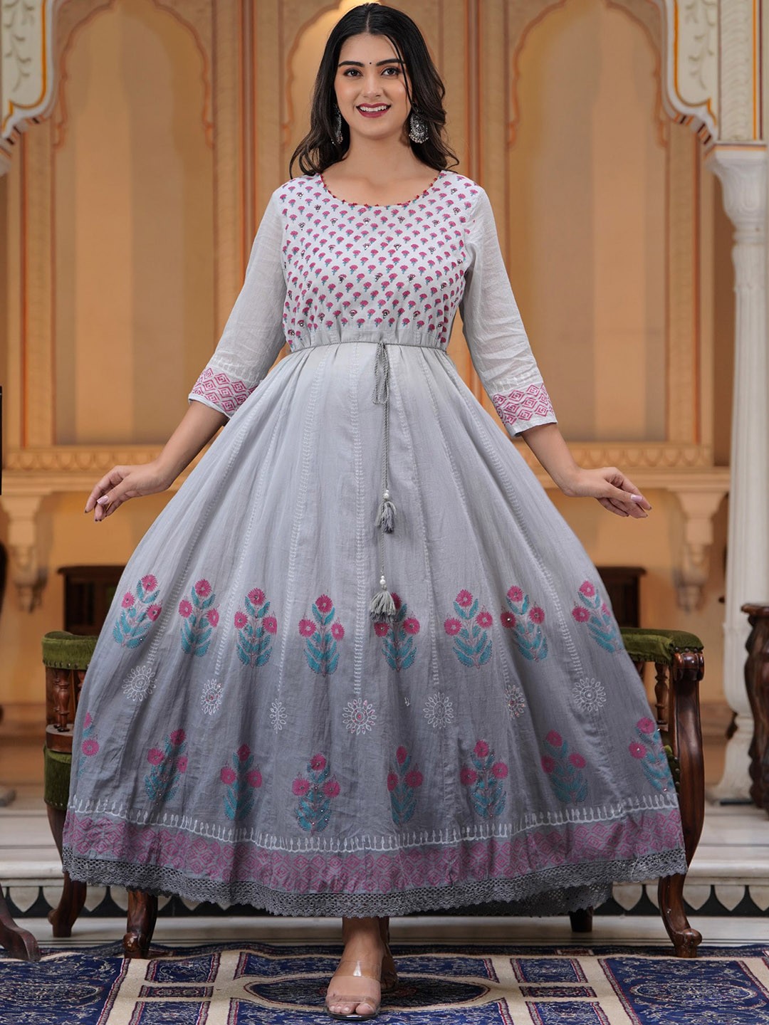 

PREKSHA Ethnic Motifs Printed Cotton Fit & Flare Ethnic Dress, Grey