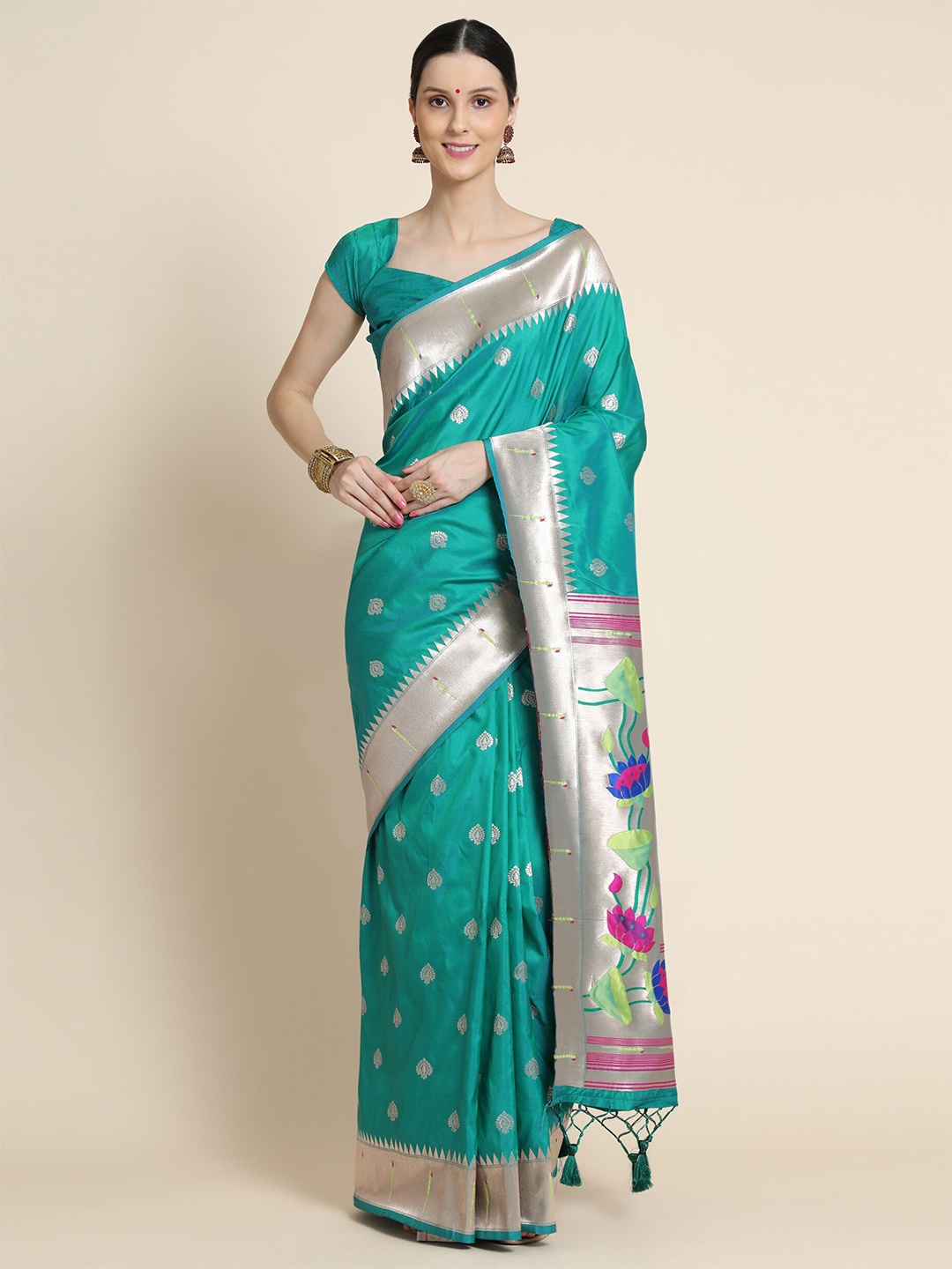 

VISHNU WEAVES Ethnic Motifs Woven Design Zari Saree, Turquoise blue