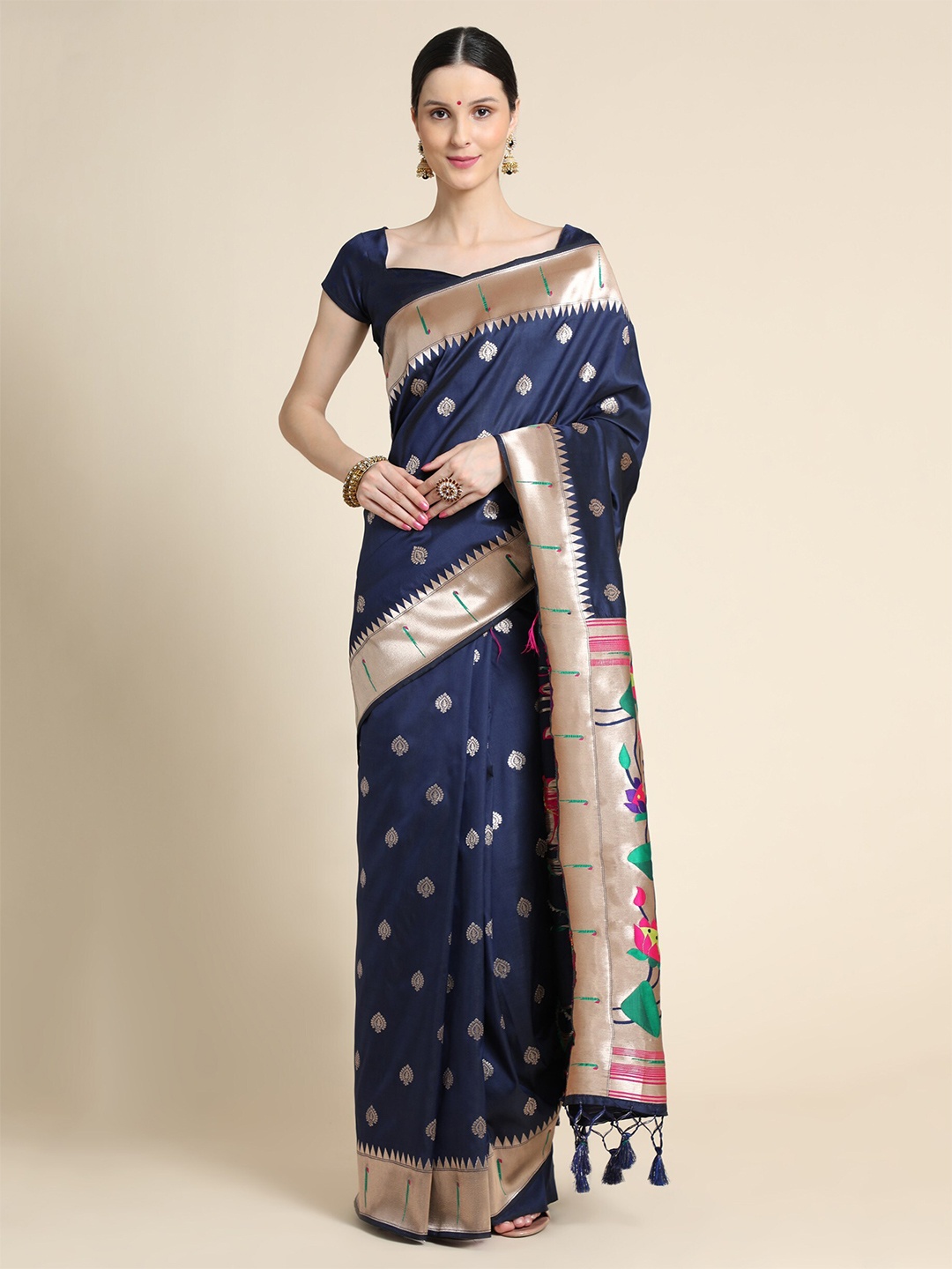 

VISHNU WEAVES Ethnic Motifs Woven Design Zari Paithani Saree, Navy blue