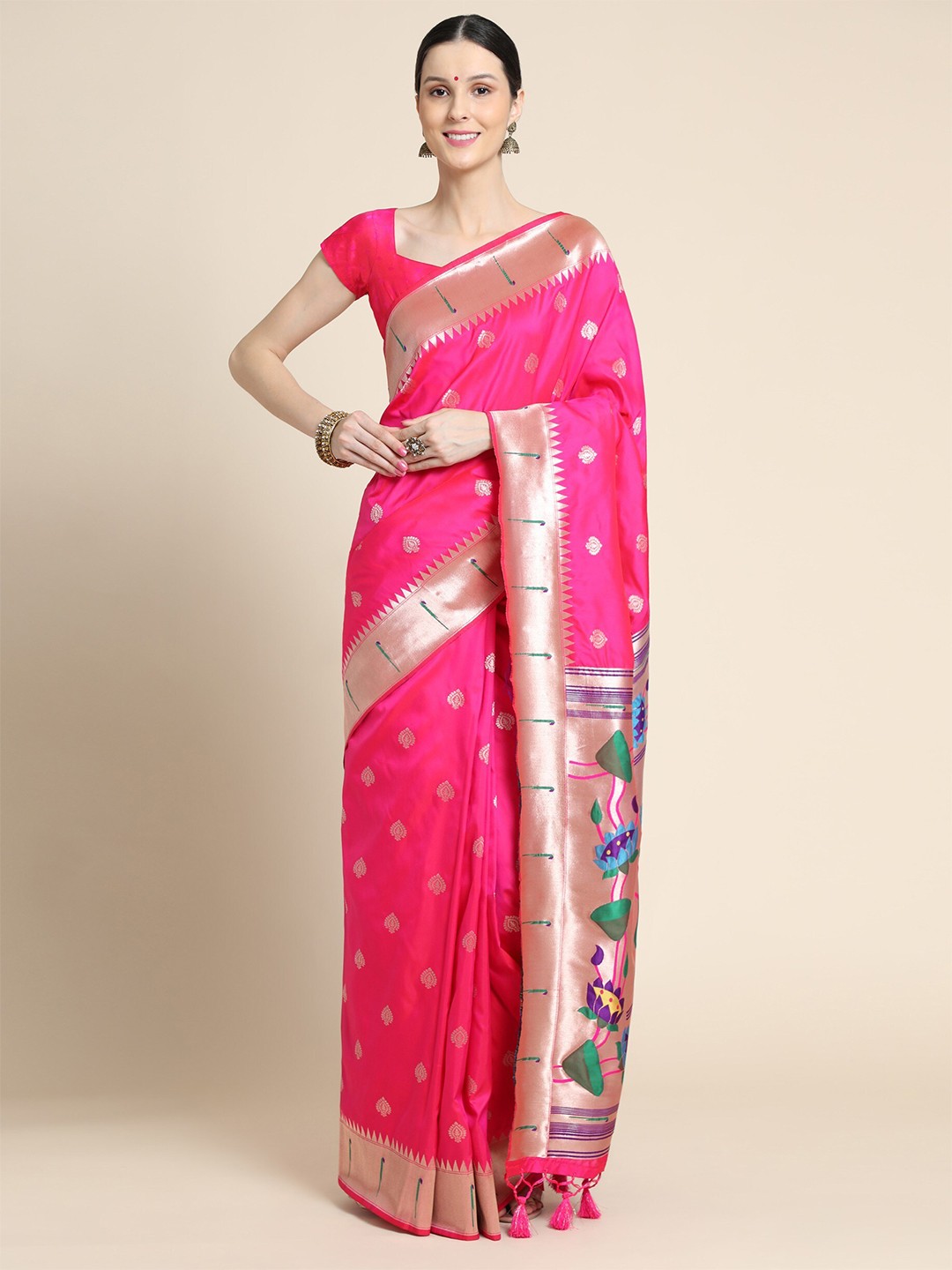 

VISHNU WEAVES Ethnic Motifs Woven Design Zari Paithani Saree, Pink