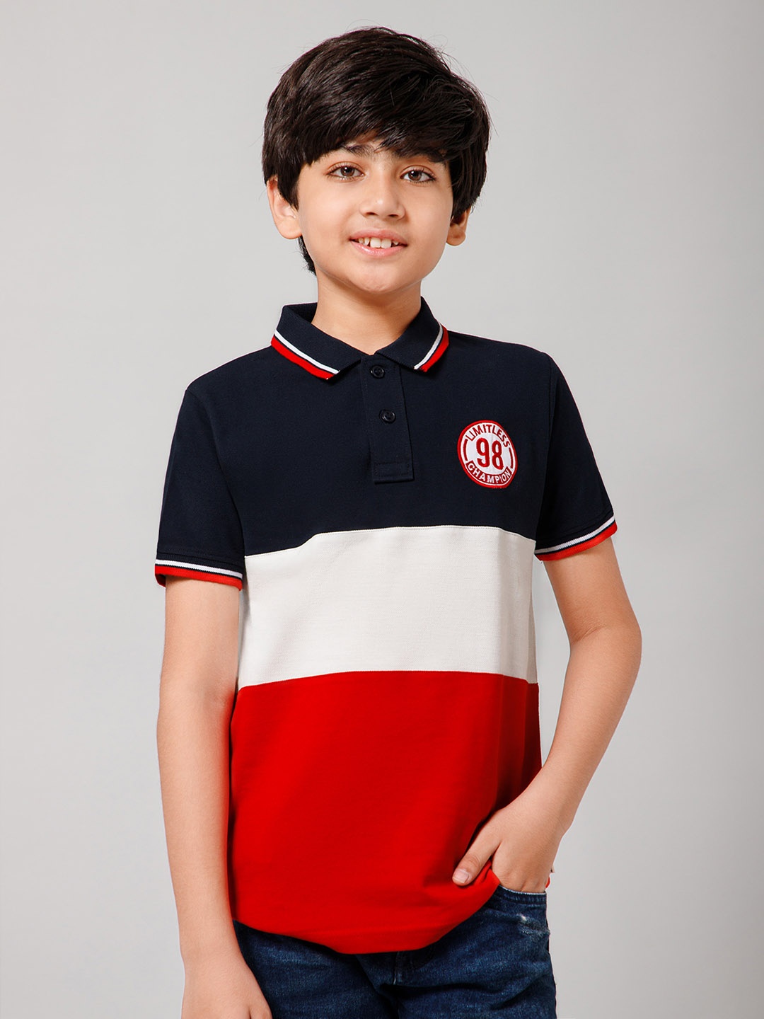 

Provogue Boys Colourblocked Polo Collar Applique T-shirt, Navy blue