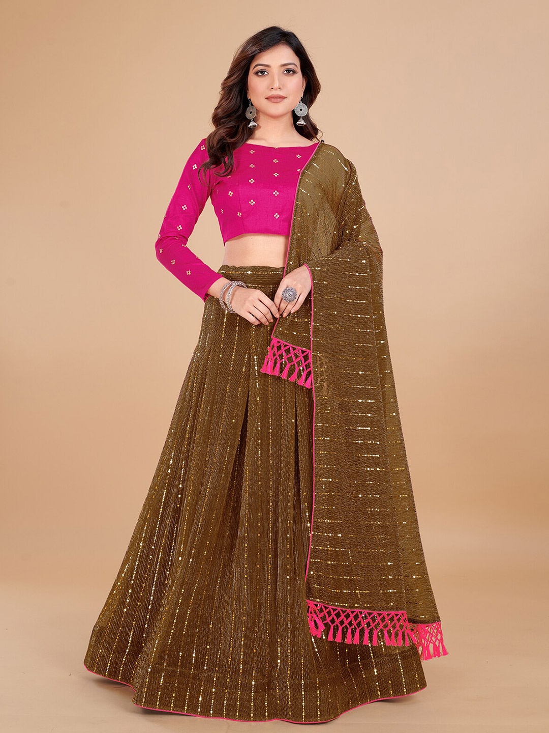 

KALINI Embroidered Sequinned Semi-Stitched Lehenga Choli With Dupatta, Brown