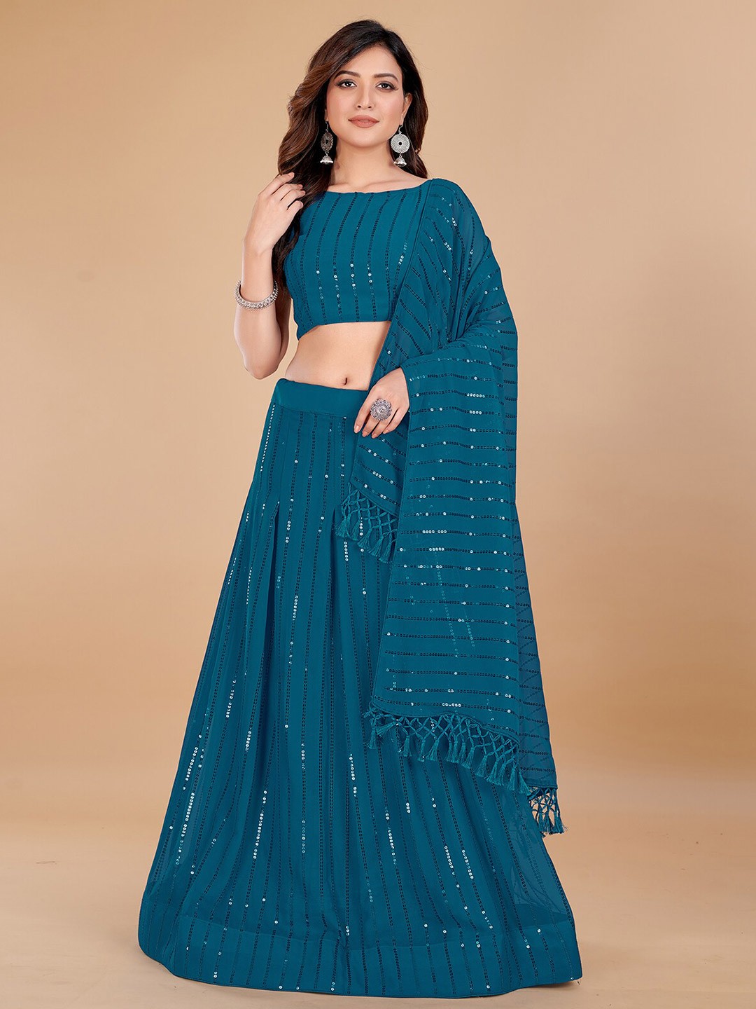 

KALINI Embroidered Sequinned Semi-Stitched Lehenga Choli With Dupatta, Teal