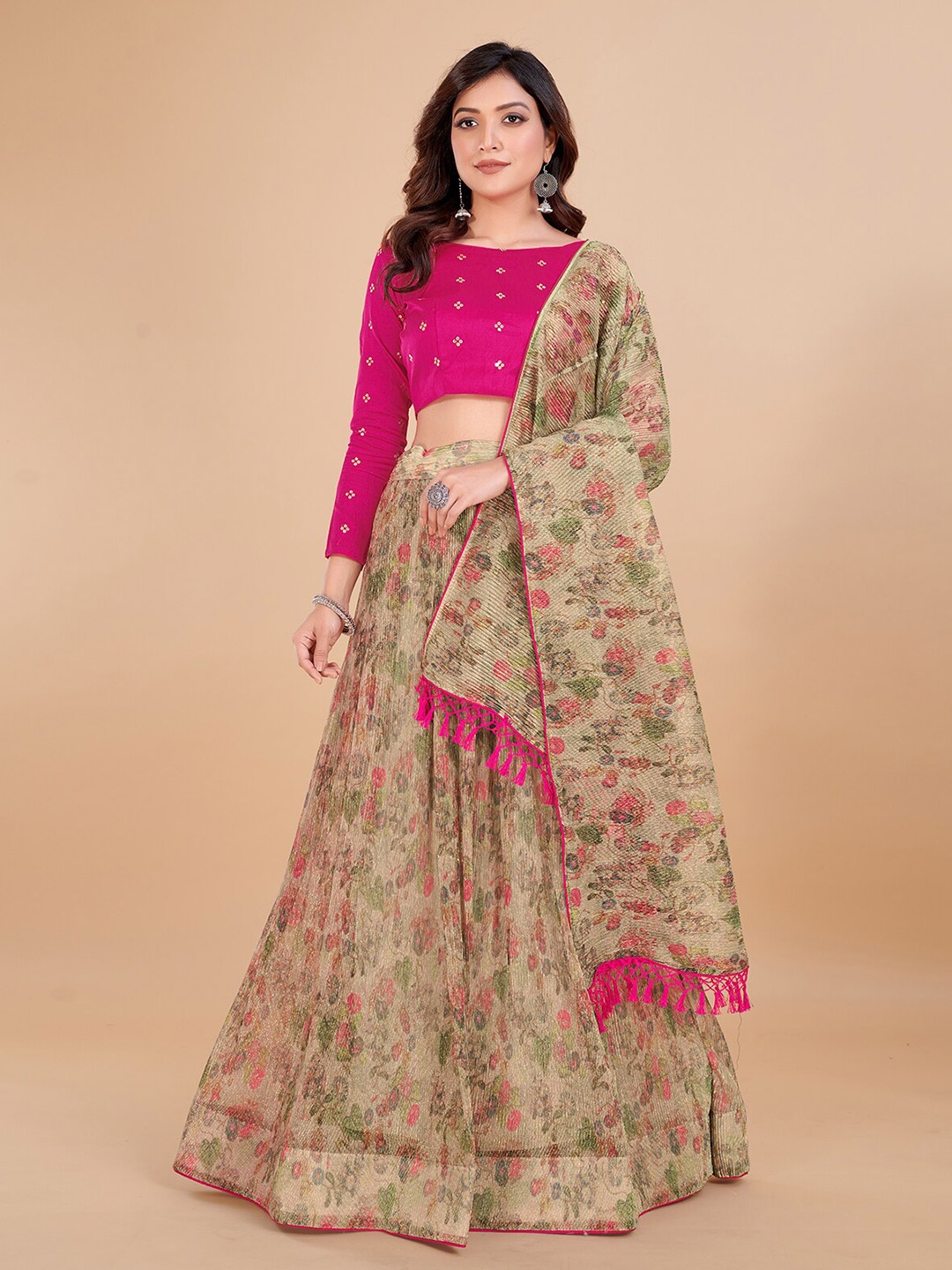 

KALINI Embroidered & Printed Semi-Stitched Lehenga Choli With Dupatta, Beige