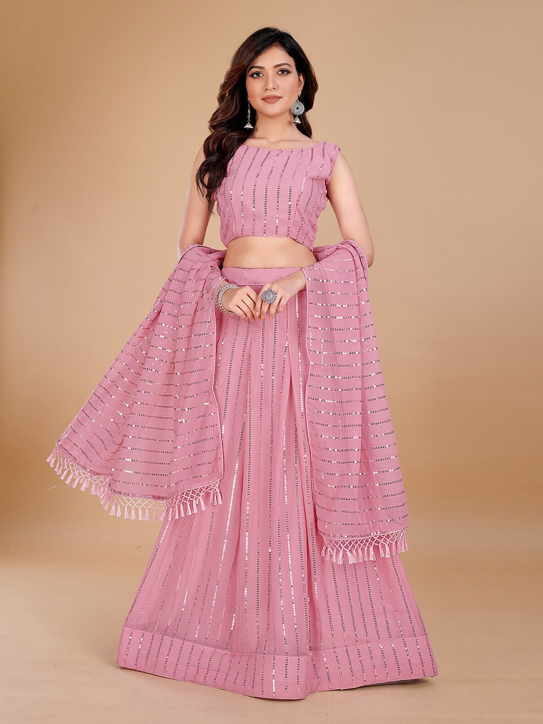 

KALINI Embellished Sequinned Semi-Stitched Lehenga Choli With Dupatta, Pink