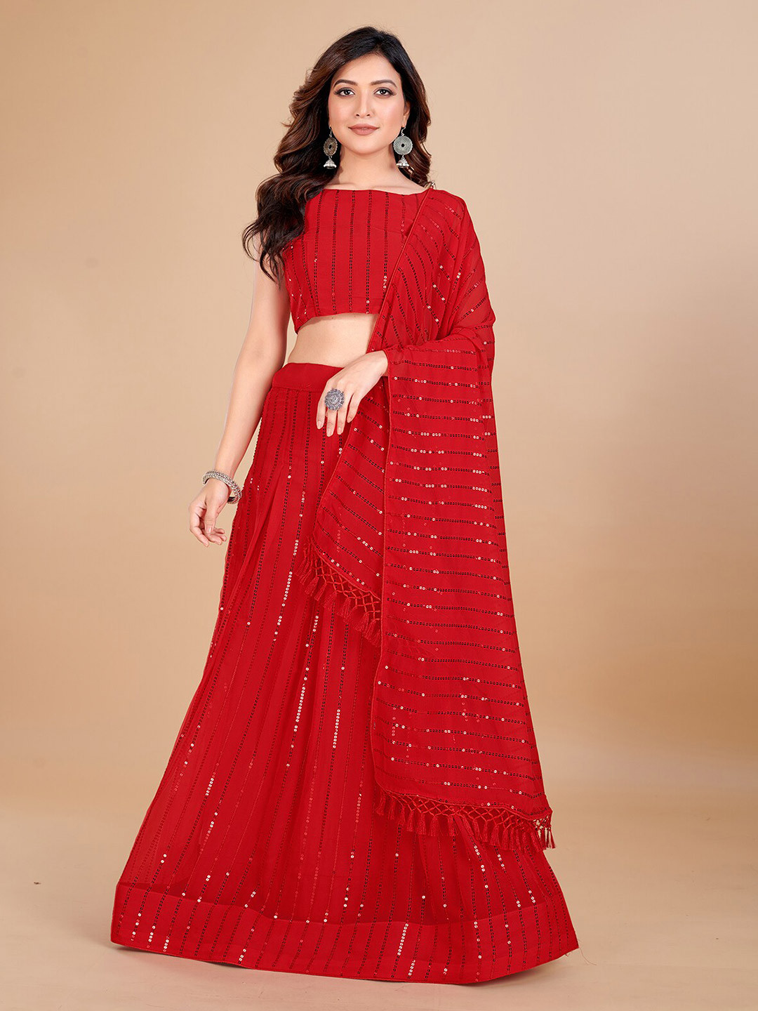 

KALINI Embellished Sequinned Semi-Stitched Lehenga Choli With Dupatta, Red