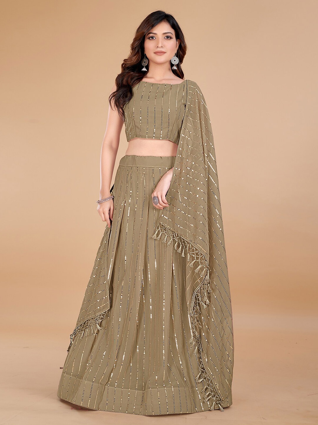 

KALINI Embellished Mirror Work Semi-Stitched Lehenga Choli With Dupatta, Beige