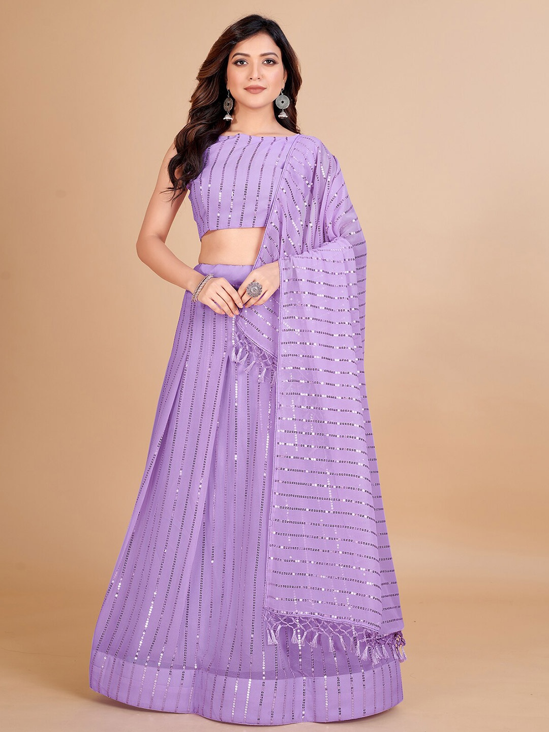 

KALINI Sequinned Embellished Semi-Stitched Lehenga & Unstitched Blouse With Dupatta, Lavender